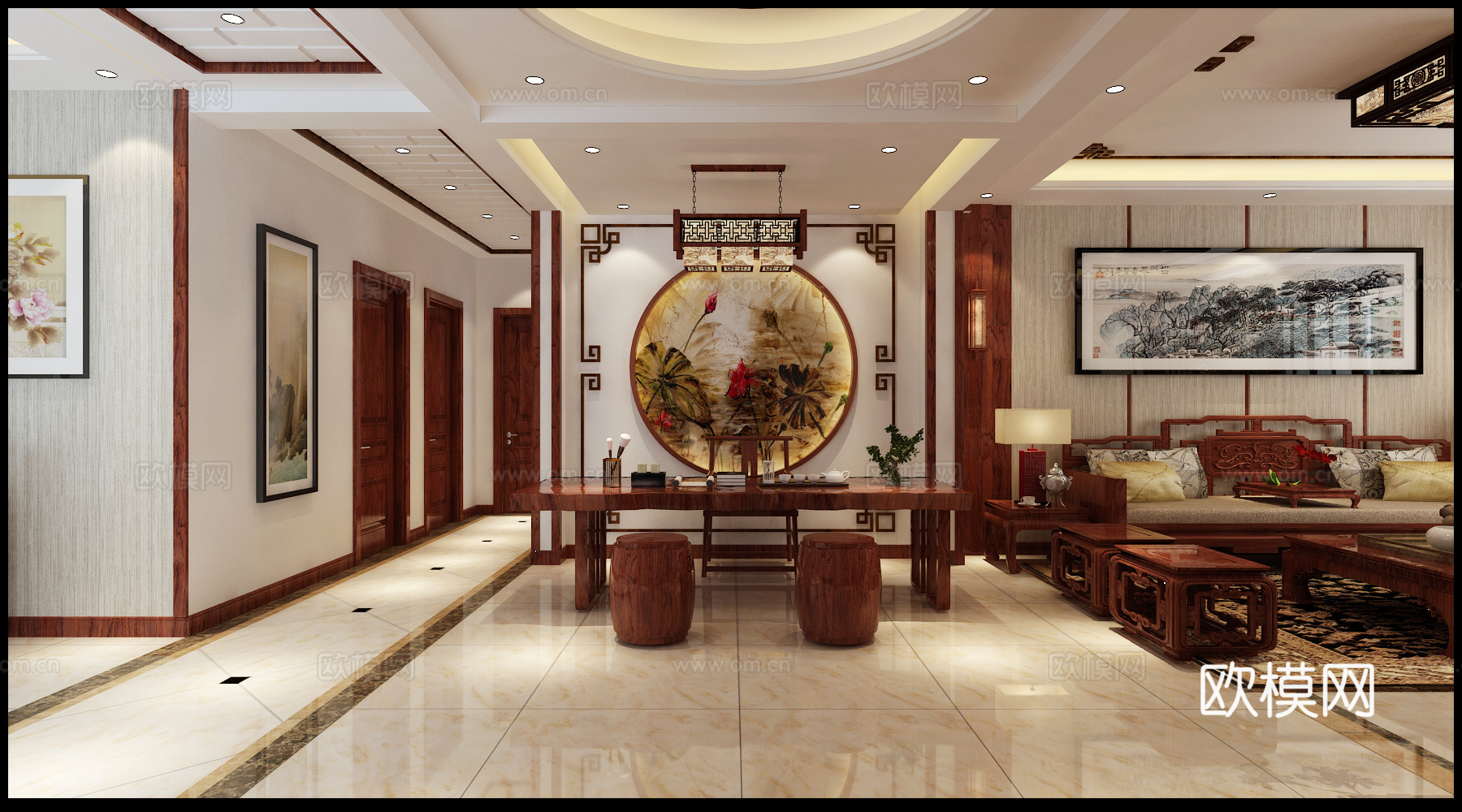 新中式客厅餐厅走廊 沙发 茶桌 餐桌挂画3d模型