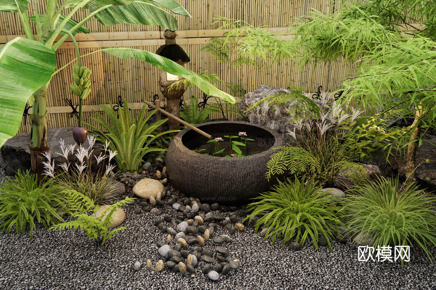 新中式水景 水钵 石臼水景 流水摆件 景观石头 羽毛枫 花草3d模型