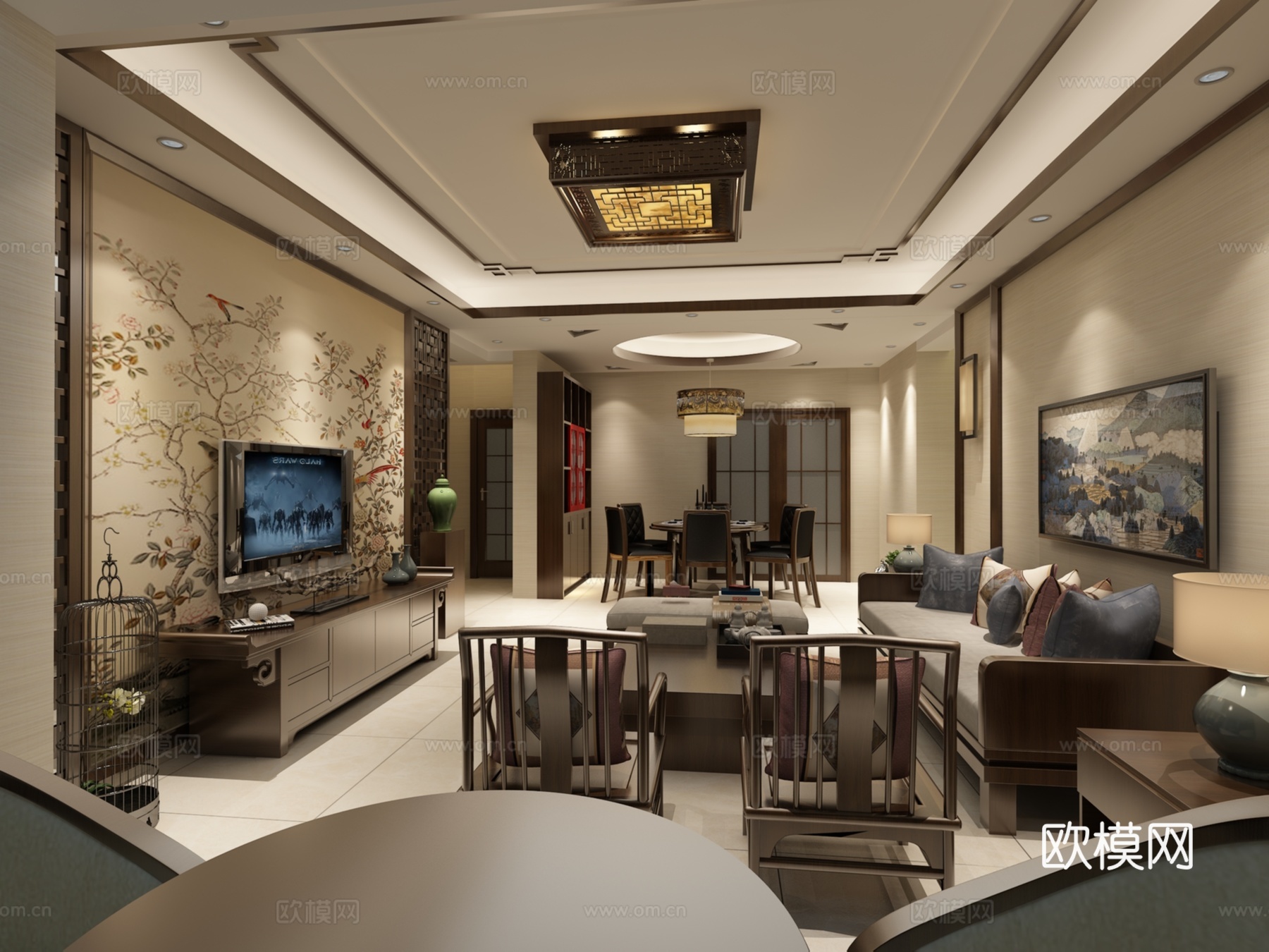 大气新中式餐厅 沙发茶几 餐桌椅 挂画 物件摆件  吊灯3d模型