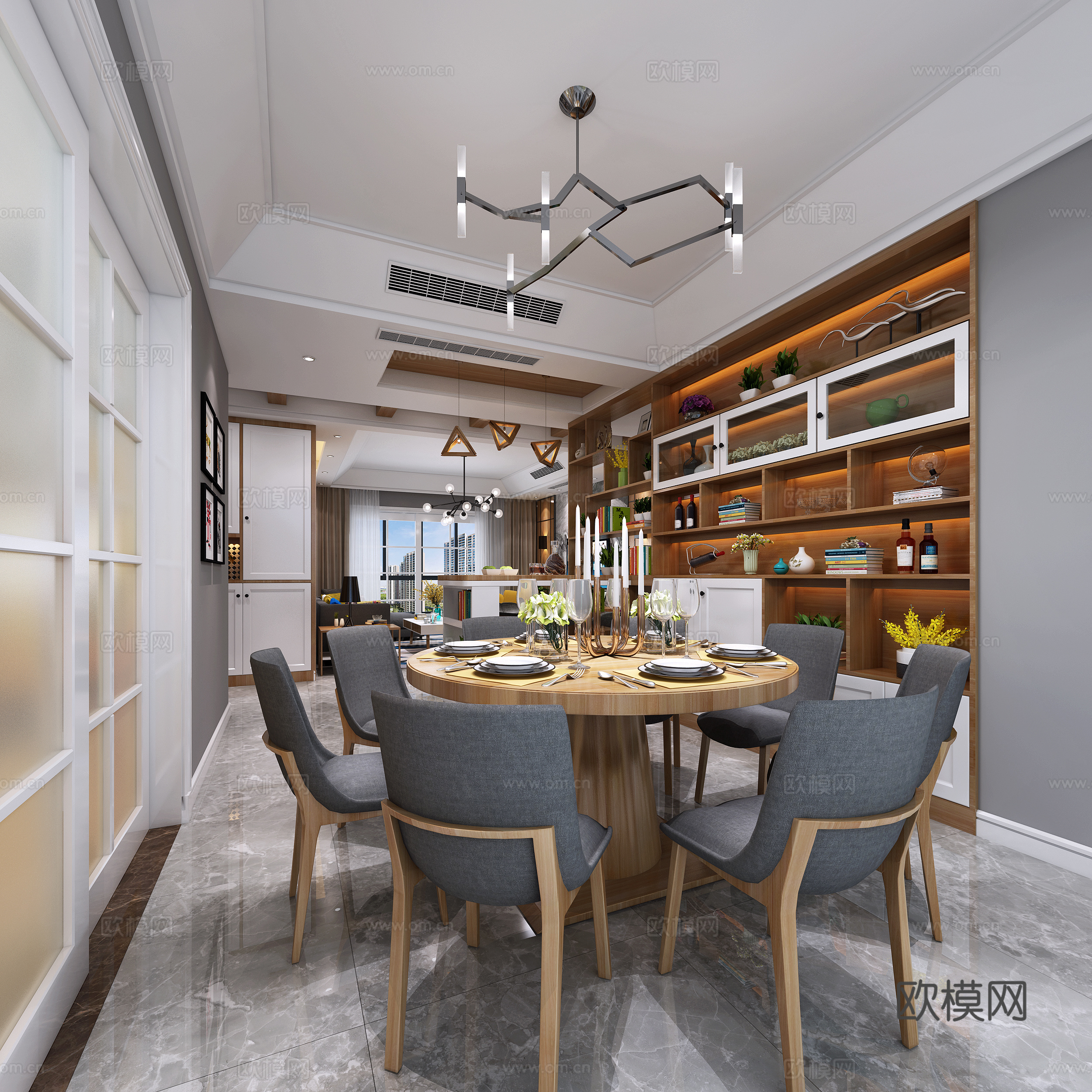 北欧风格客餐厅 客厅 沙发茶几 餐桌椅 挂画 物件摆件3d模型
