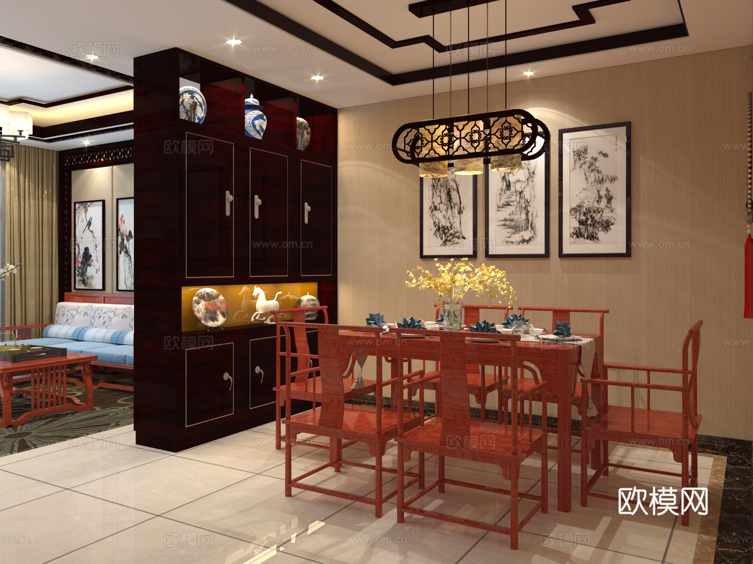 红木家具的传统中式客餐厅 红木家具 沙发茶几 电视 吊灯3d模型