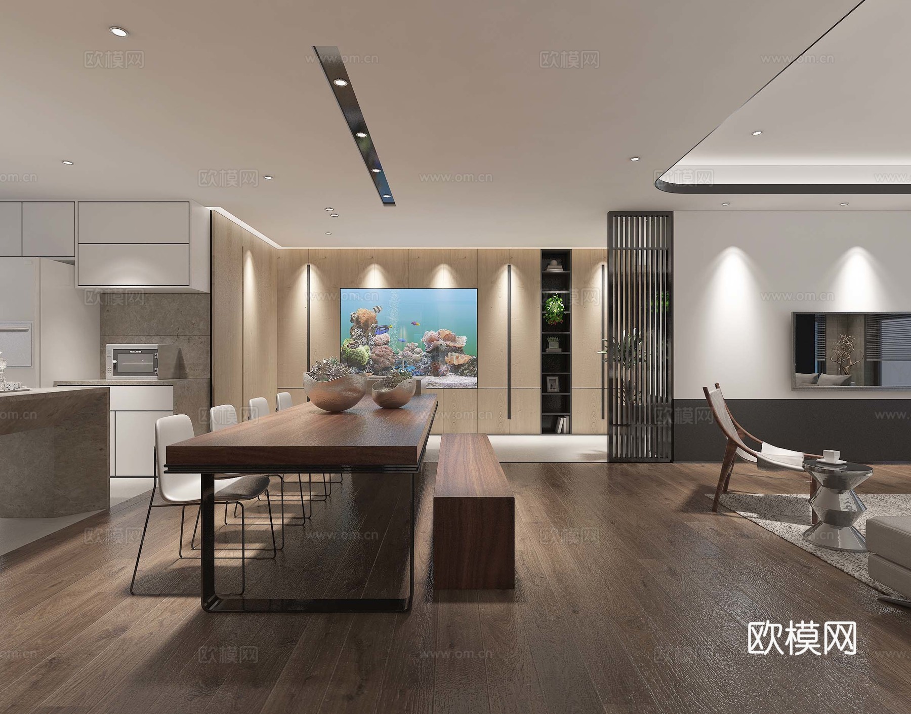 现代风格客厅餐厅 客餐厅 沙发茶几 餐桌椅 客厅 吊灯3d模型