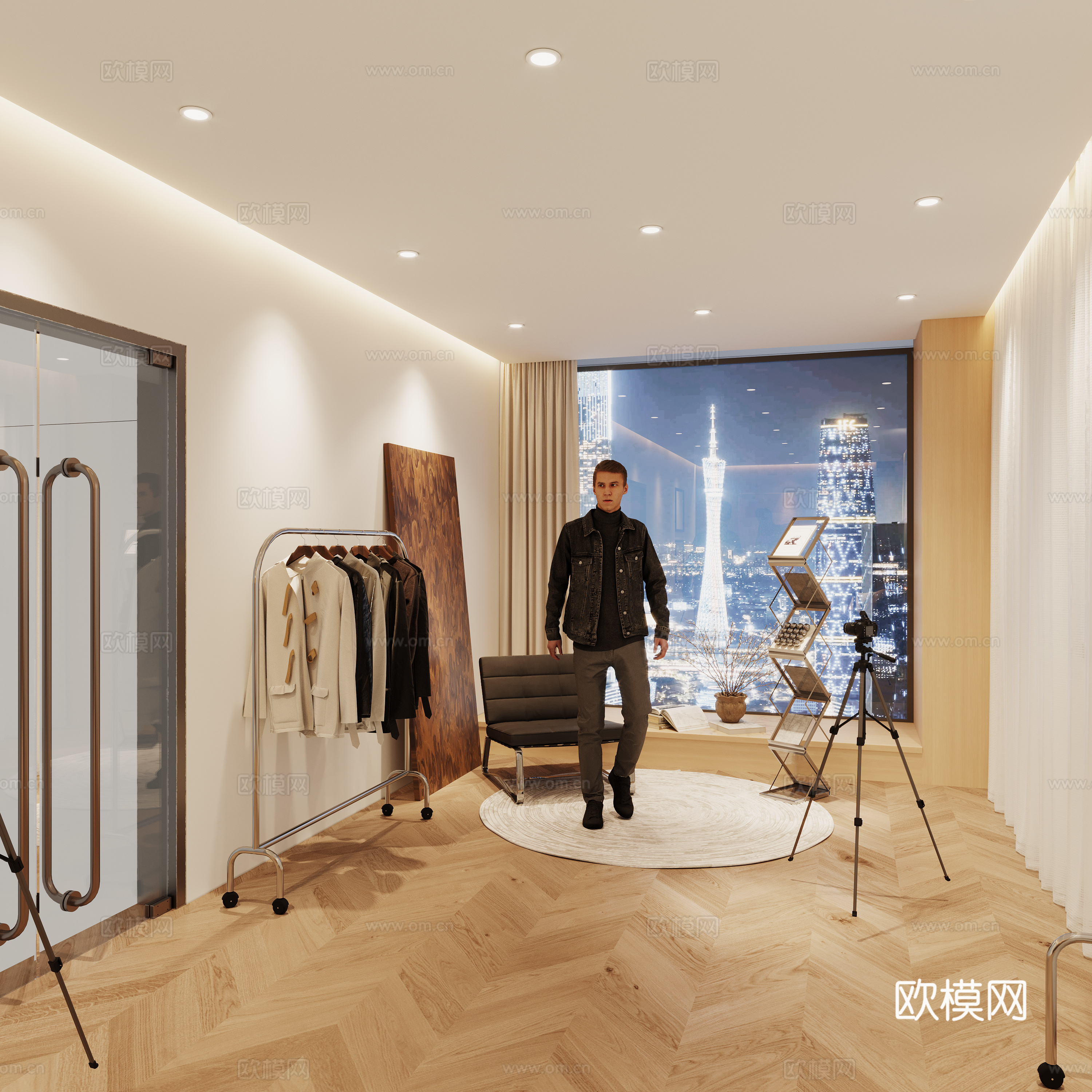 现代服装直播间 服饰衣架 直播设备 皮质休闲椅 圆形地毯 木3d模型
