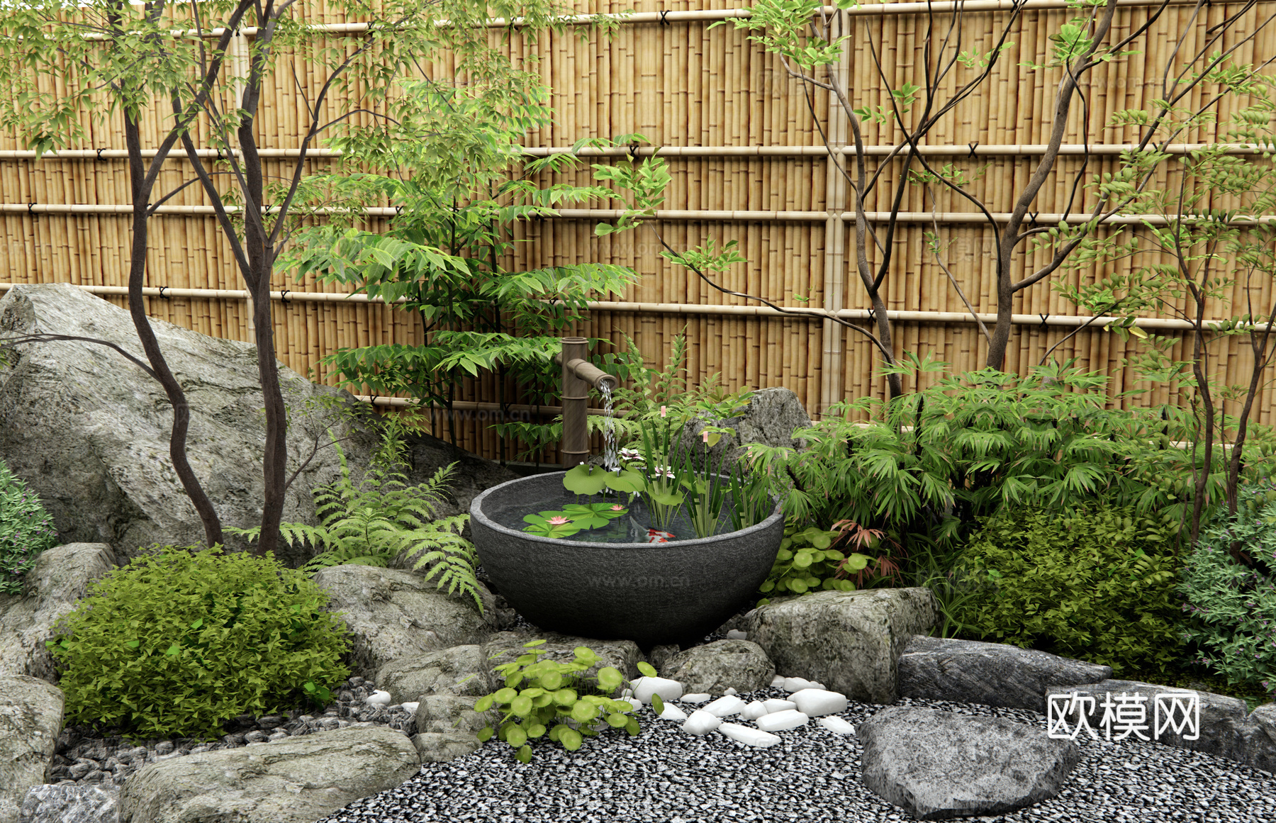 日式庭院小品 枯山水 水钵 石臼水景 流水摆件 置石 景观石3d模型