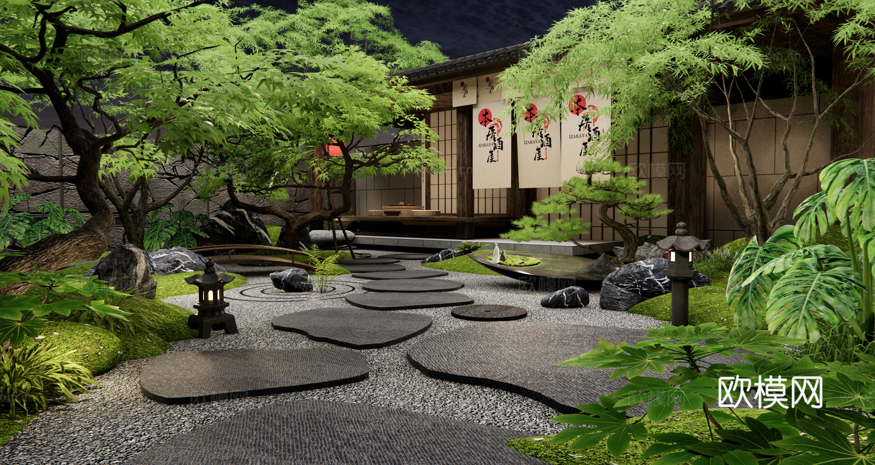 日式禅意庭院花园 汀步 景观石头 微地形 枯山水 植物造景su模型