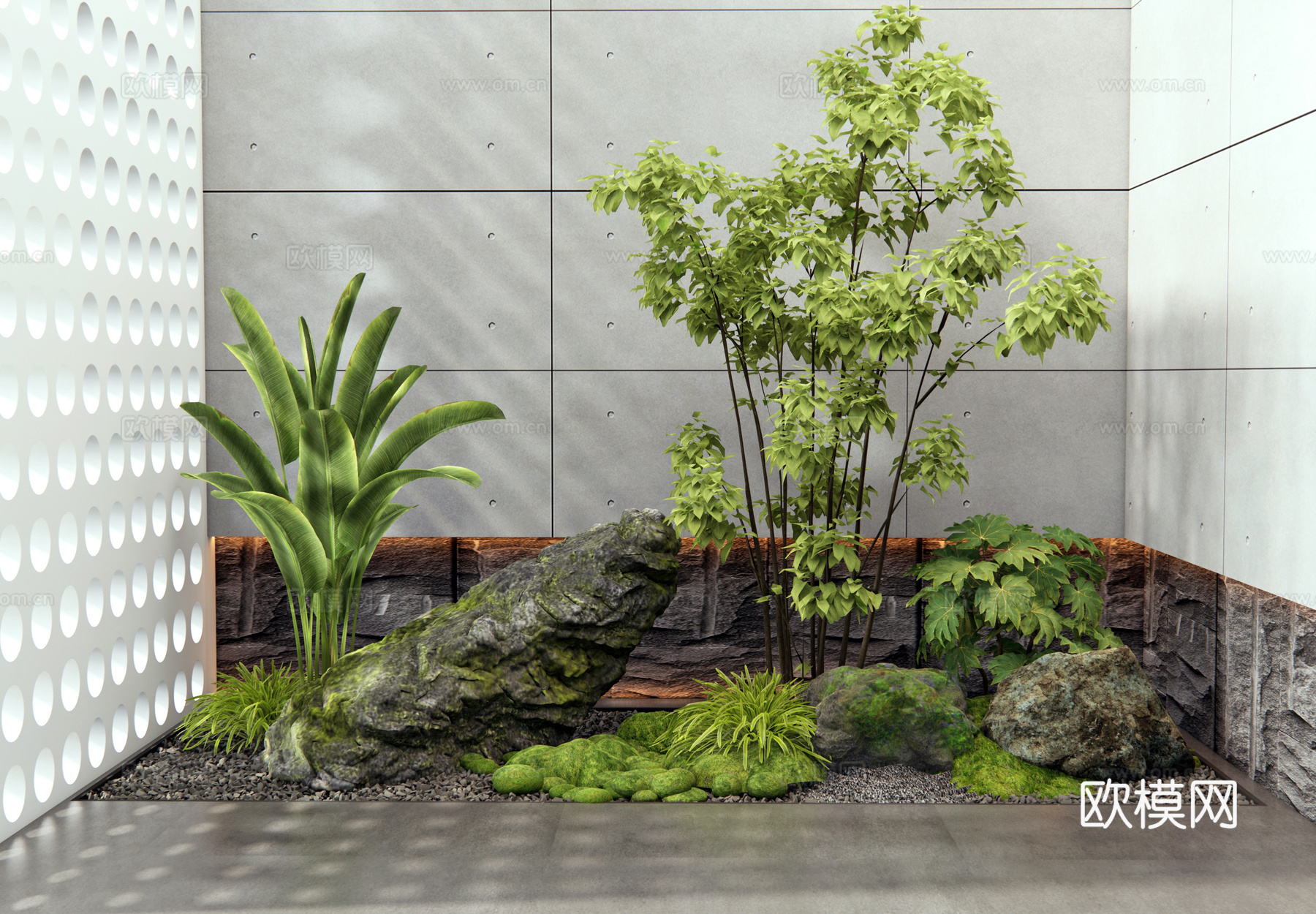 现代室内景观 置石 景观石头 苔藓 灌木 植物组合 植物造景3d模型