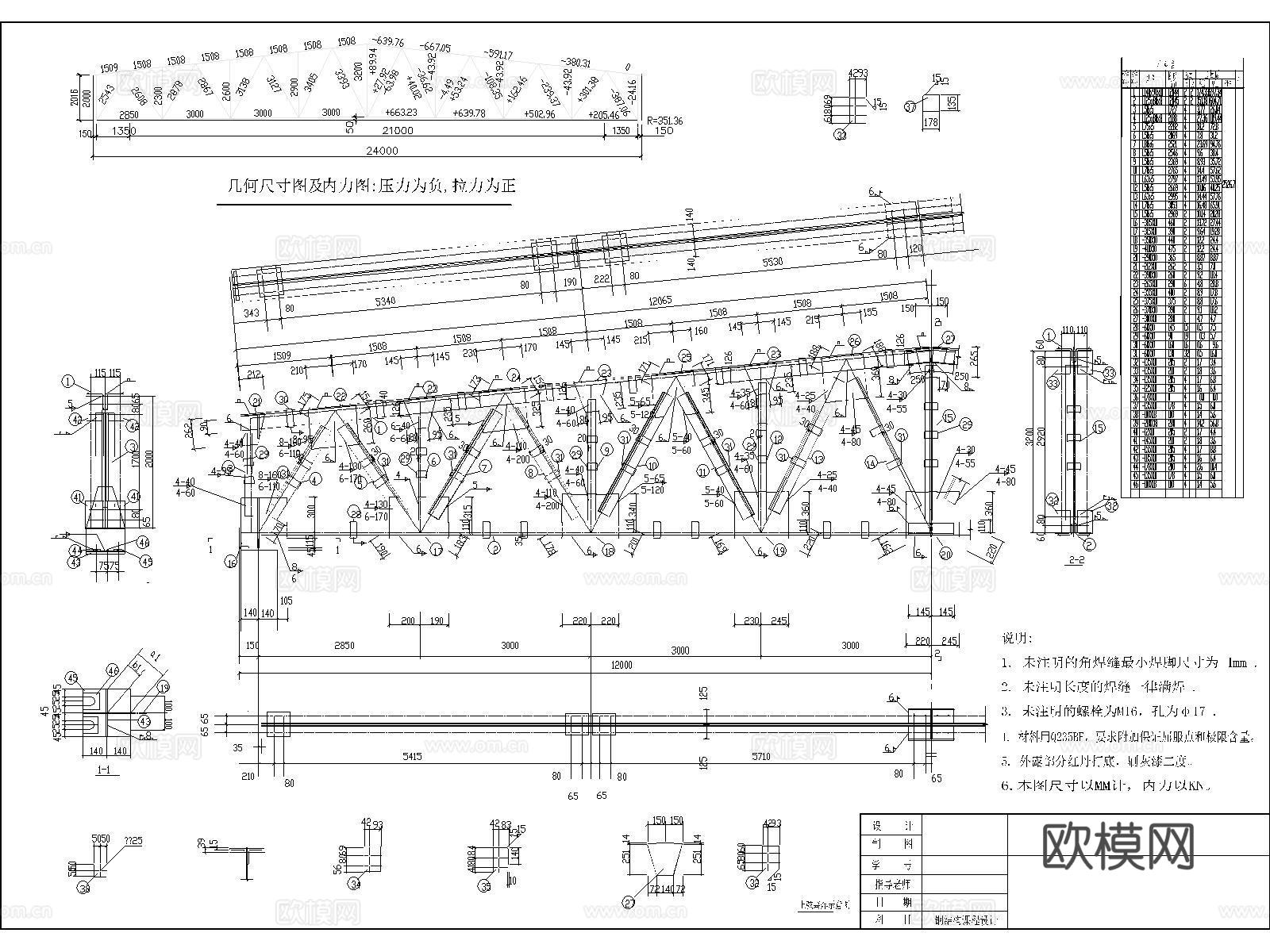 钢结构 钢结构屋架 钢结构桁架 钢结构节点 三角形钢屋架cad施工图