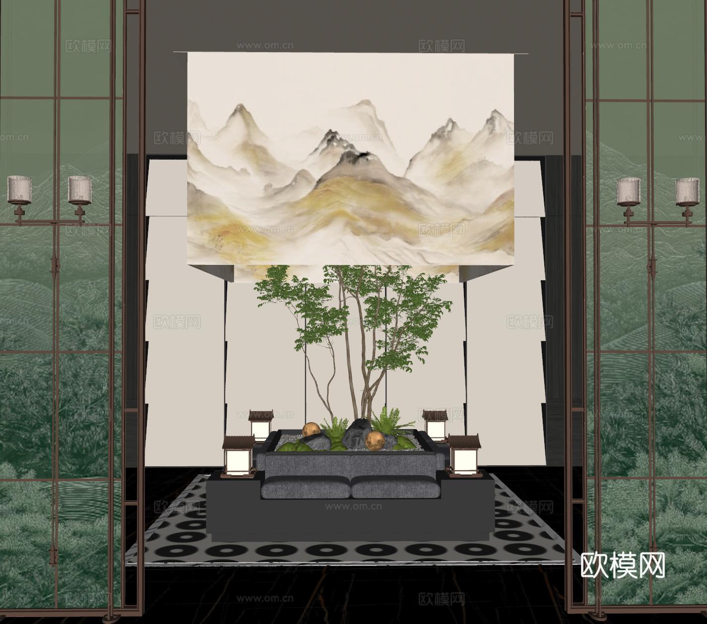 现代大厅 苔藓景观 大厅景观造景 植物装置 屏风隔断su模型