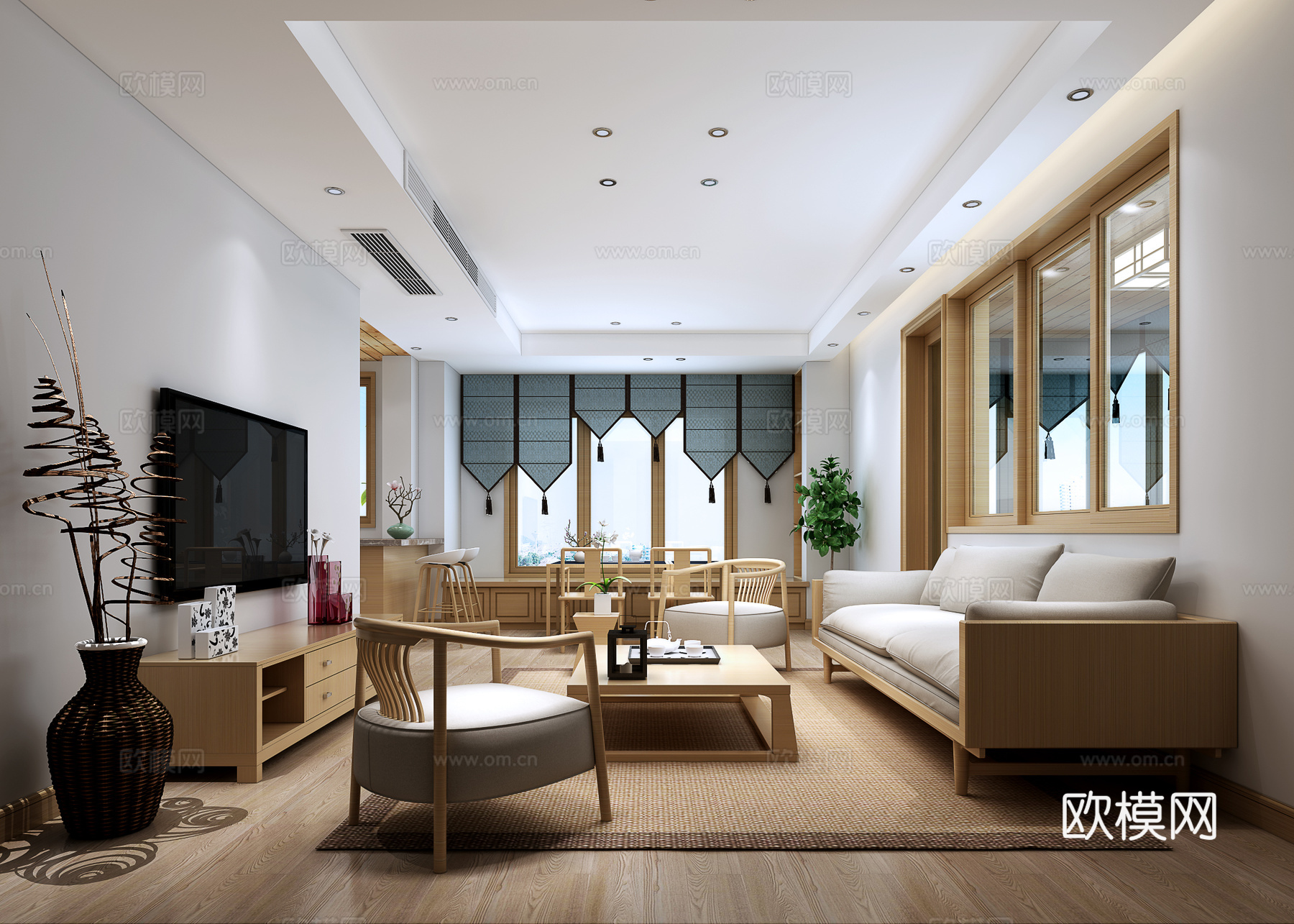 新中式客餐厅 客餐厅 沙发茶几 餐桌椅 客厅 吊灯 挂画3d模型