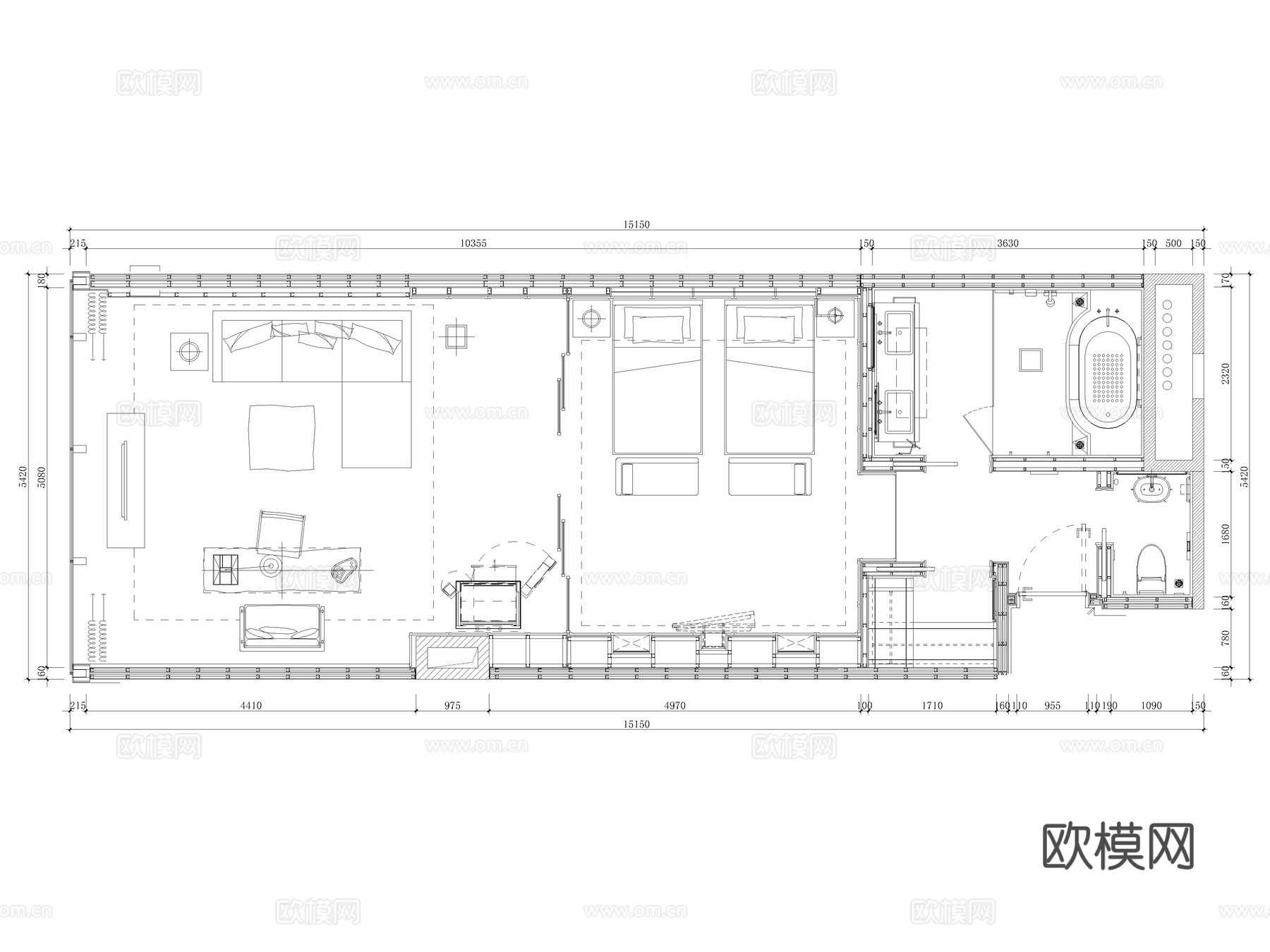 100套酒店客房CAD平面布局图cad施工图