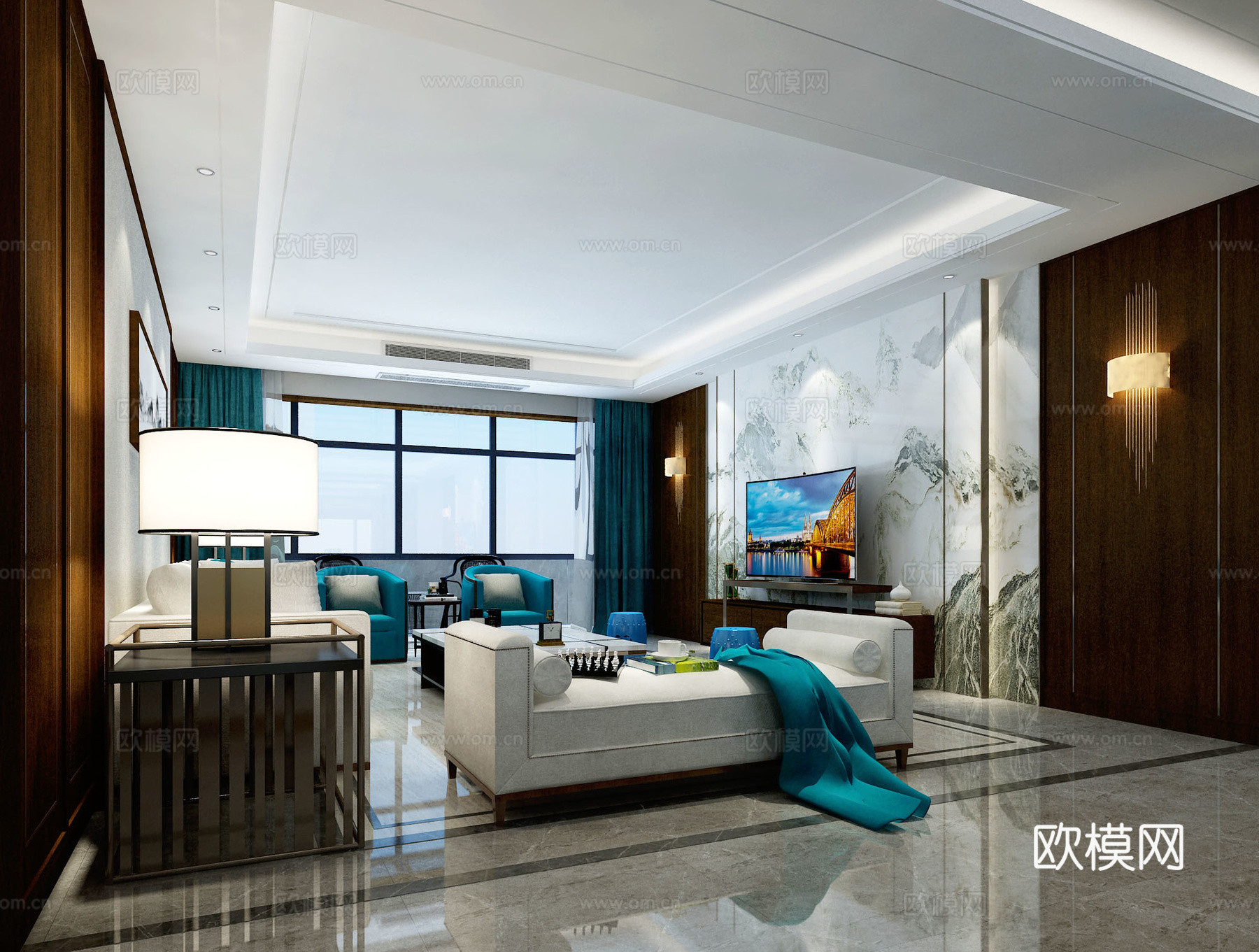 现代风格客厅餐厅 客餐厅 沙发茶几 餐桌椅 客厅 吊灯3d模型