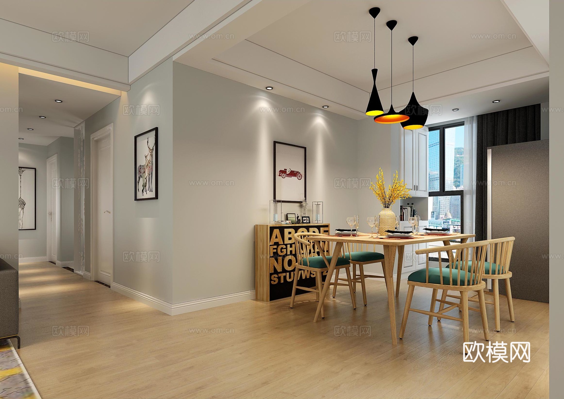 现代简约客餐厅3D模型 沙发组合电视背景墙 餐厅3d模型下载（渲染图2）