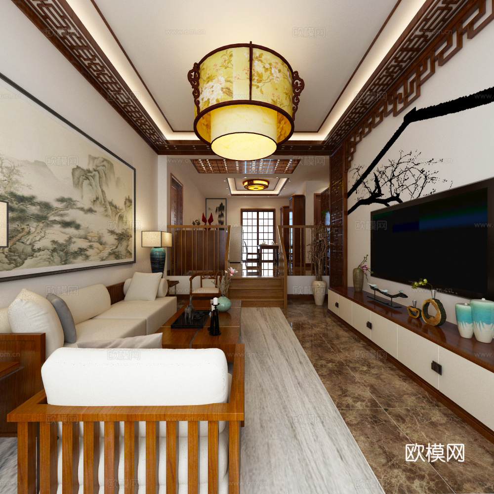 中式客厅餐厅 沙发茶几 吊灯3d模型