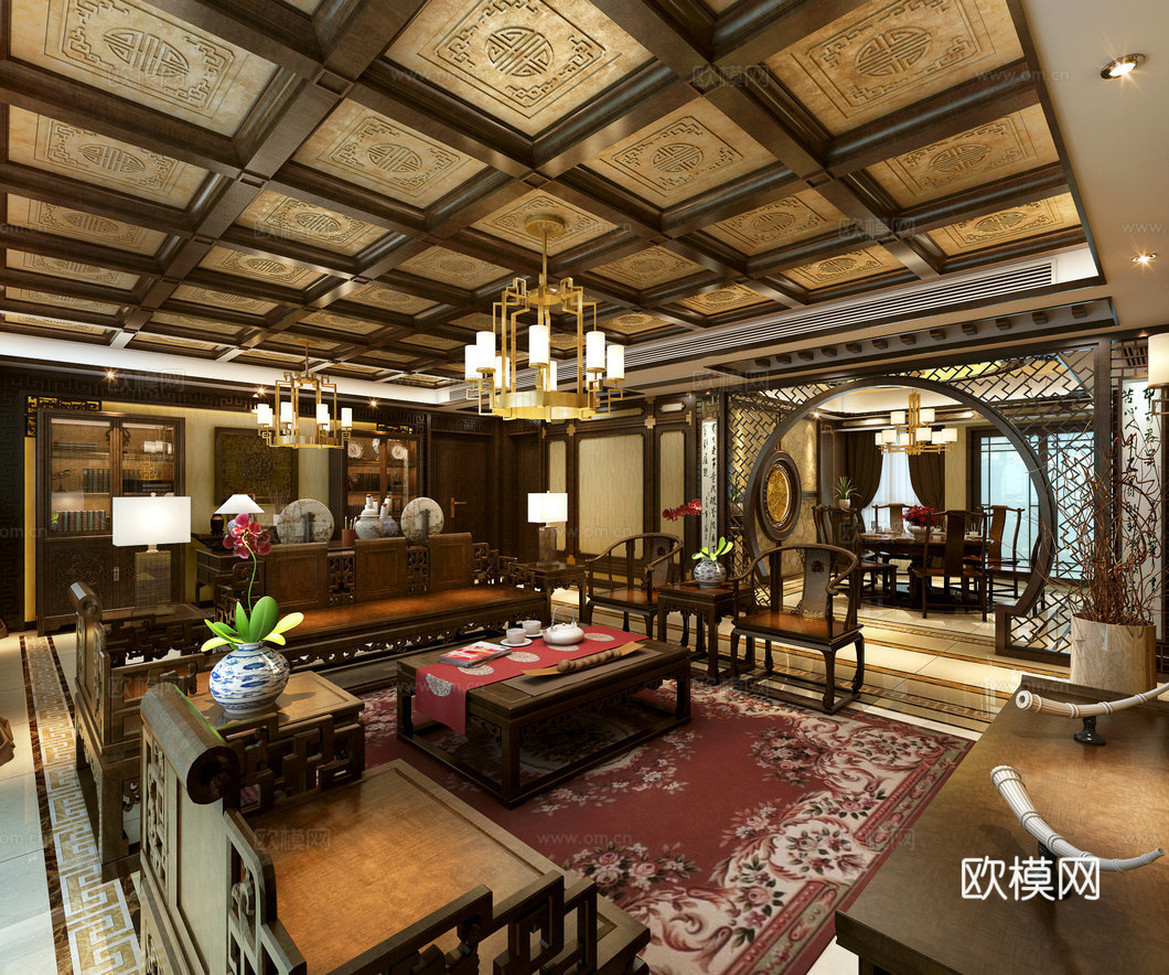 中式客厅餐厅模型 沙发茶几 餐桌椅 挂画 物件摆件 吊灯3d模型