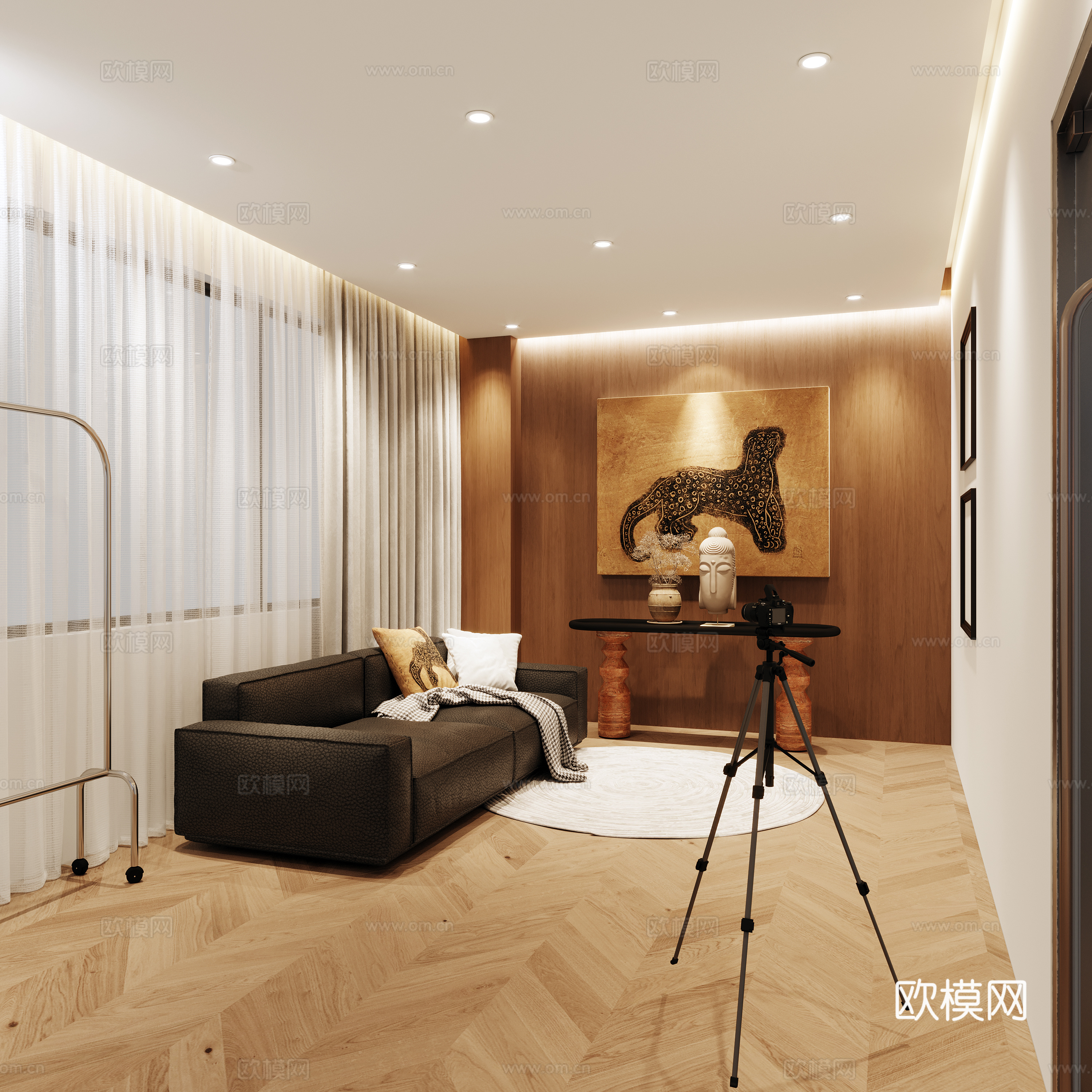 中古风服饰直播间 皮质双人沙发 端景台 直播设备 装饰挂画3d模型