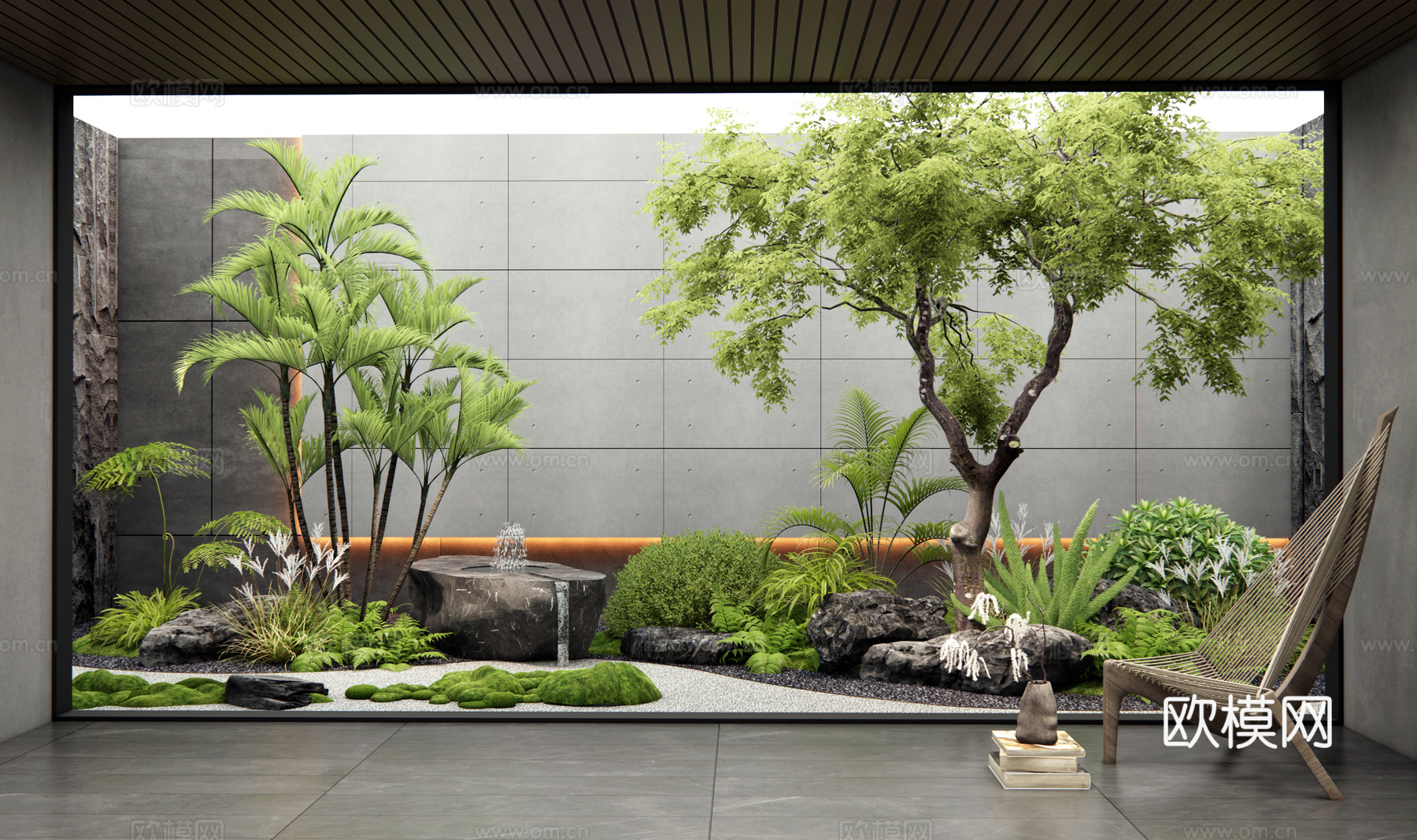 现代室内景观造景 天井庭院小品 石头 苔藓 植物造景 水钵3d模型