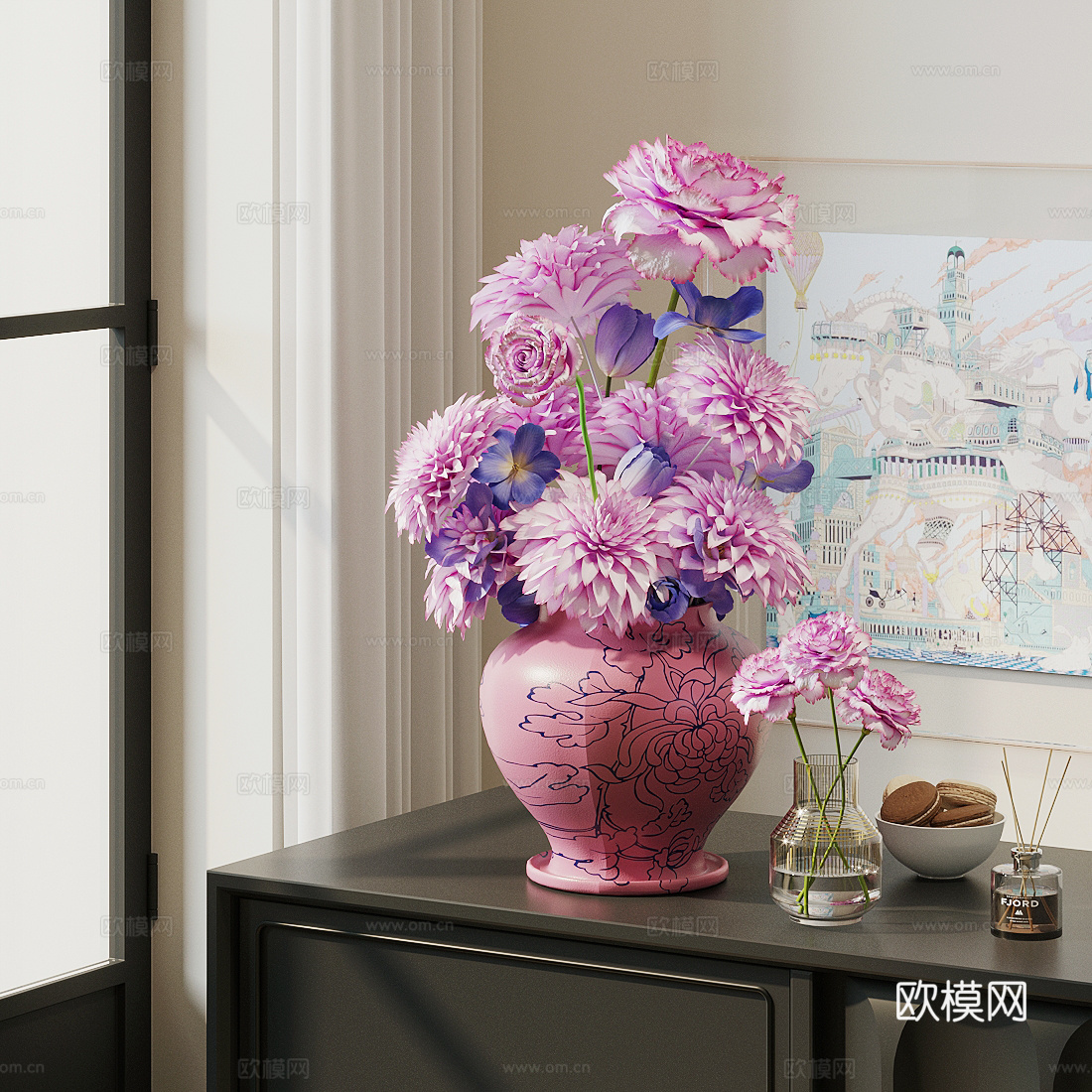 现代花艺 粉色花艺花瓶 陶瓷花瓶 鲜花花艺 客厅花瓶摆件3d模型