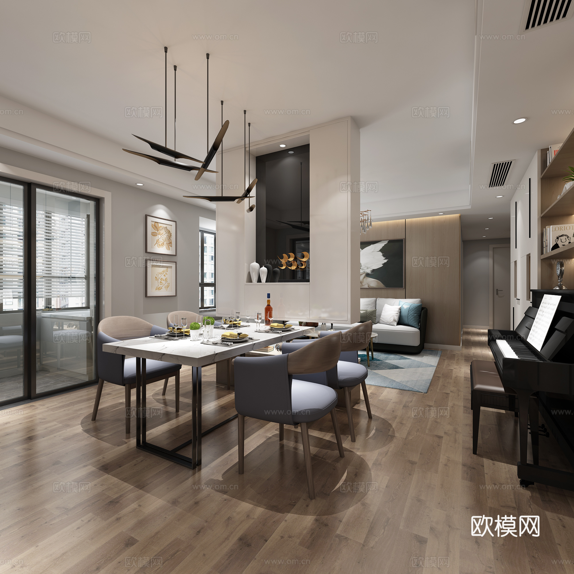 现代客厅餐厅 吊灯 台灯 多人沙发 单人沙发 茶几 装饰3d模型