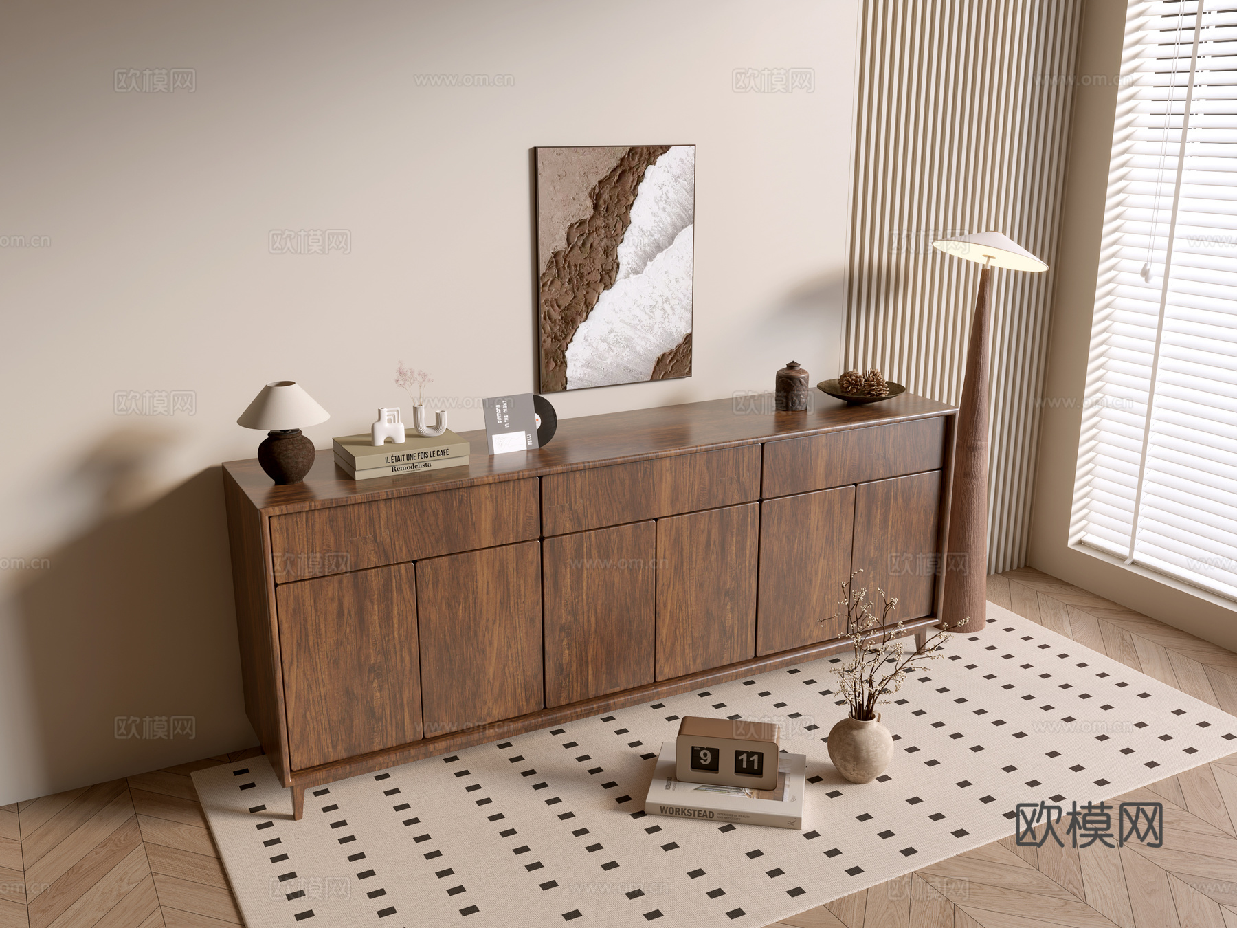 现代木纹柜 ins风极简风柜子  整体柜 餐边柜 阳台柜 储su模型下载（渲染图1）