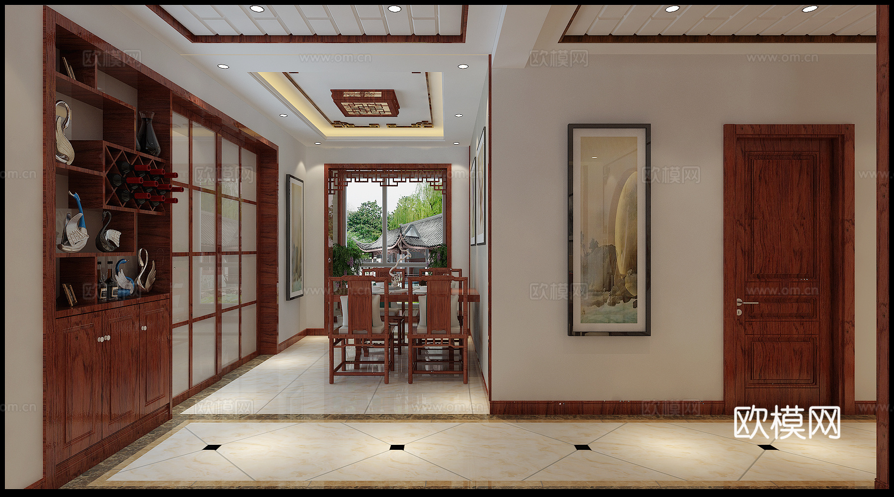 新中式客厅餐厅走廊 沙发 茶桌 餐桌挂画3d模型