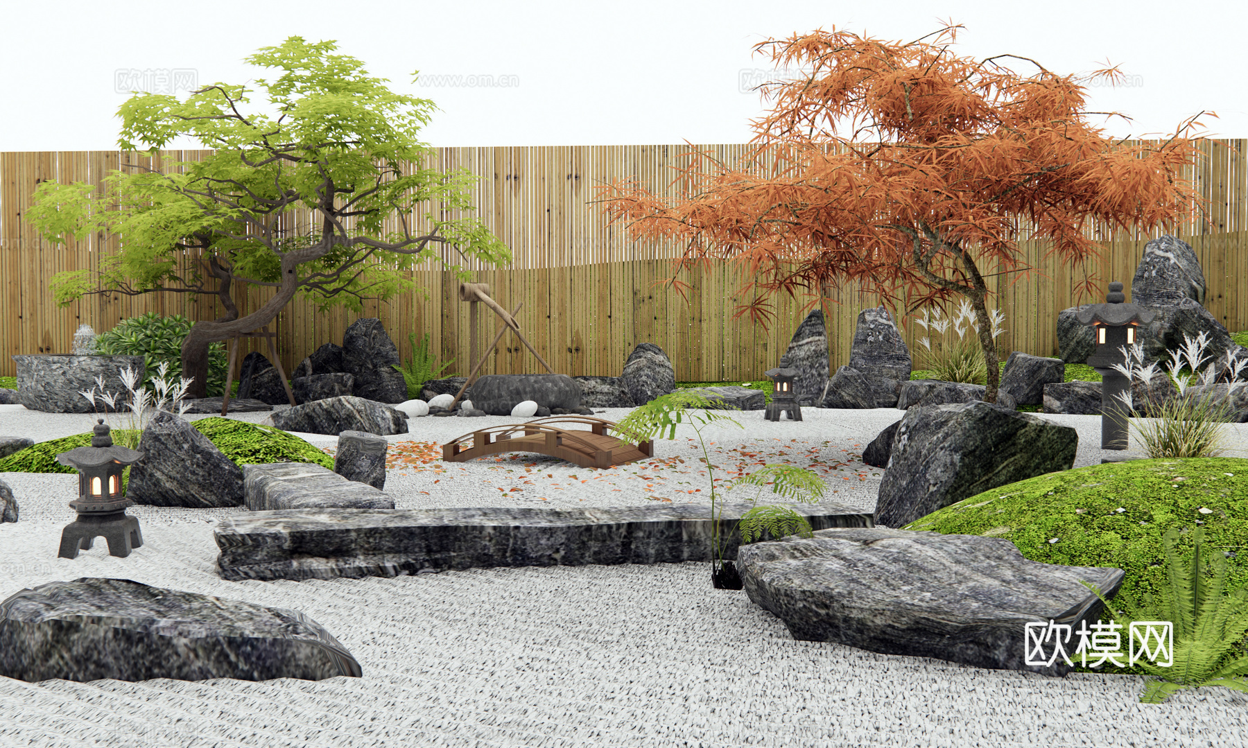日式枯山水庭院 景观石头 红枫 景观树 羽毛枫 水钵 石块3d模型