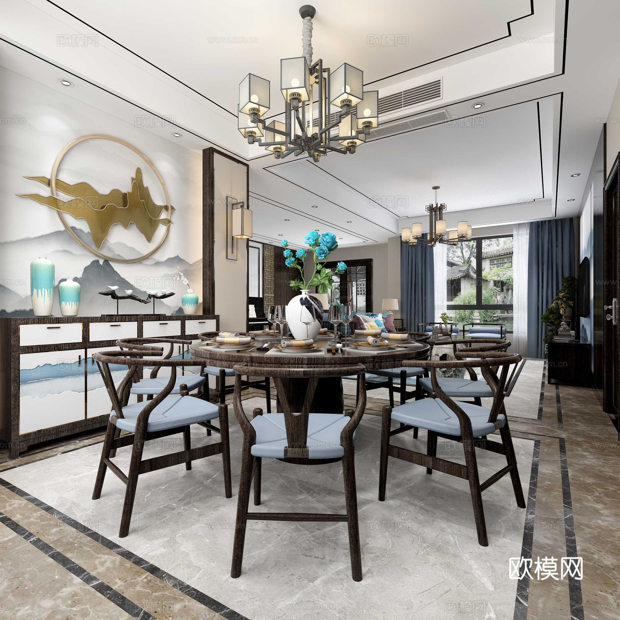 新中式客餐厅 沙发茶几 餐桌椅 挂画 物件摆件  吊灯3d模型