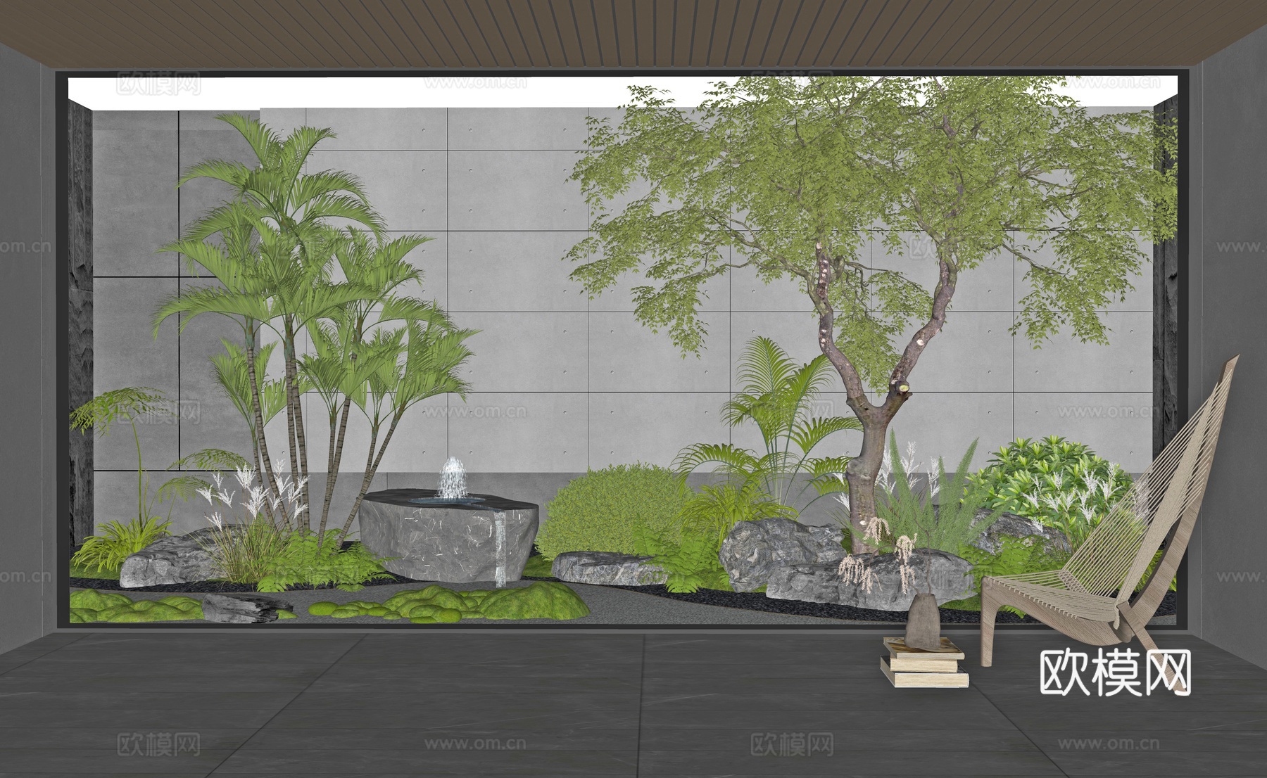 现代室内景观造景 天井庭院小品 石头 苔藓 植物造景 水钵su模型