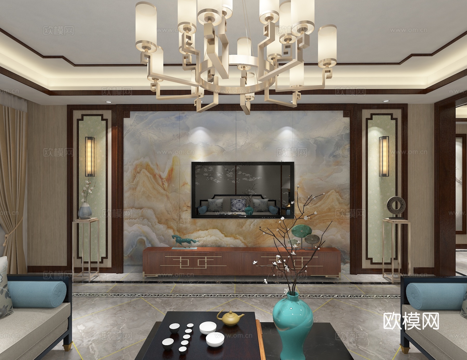 新中式客餐厅以及主卧室3d模型