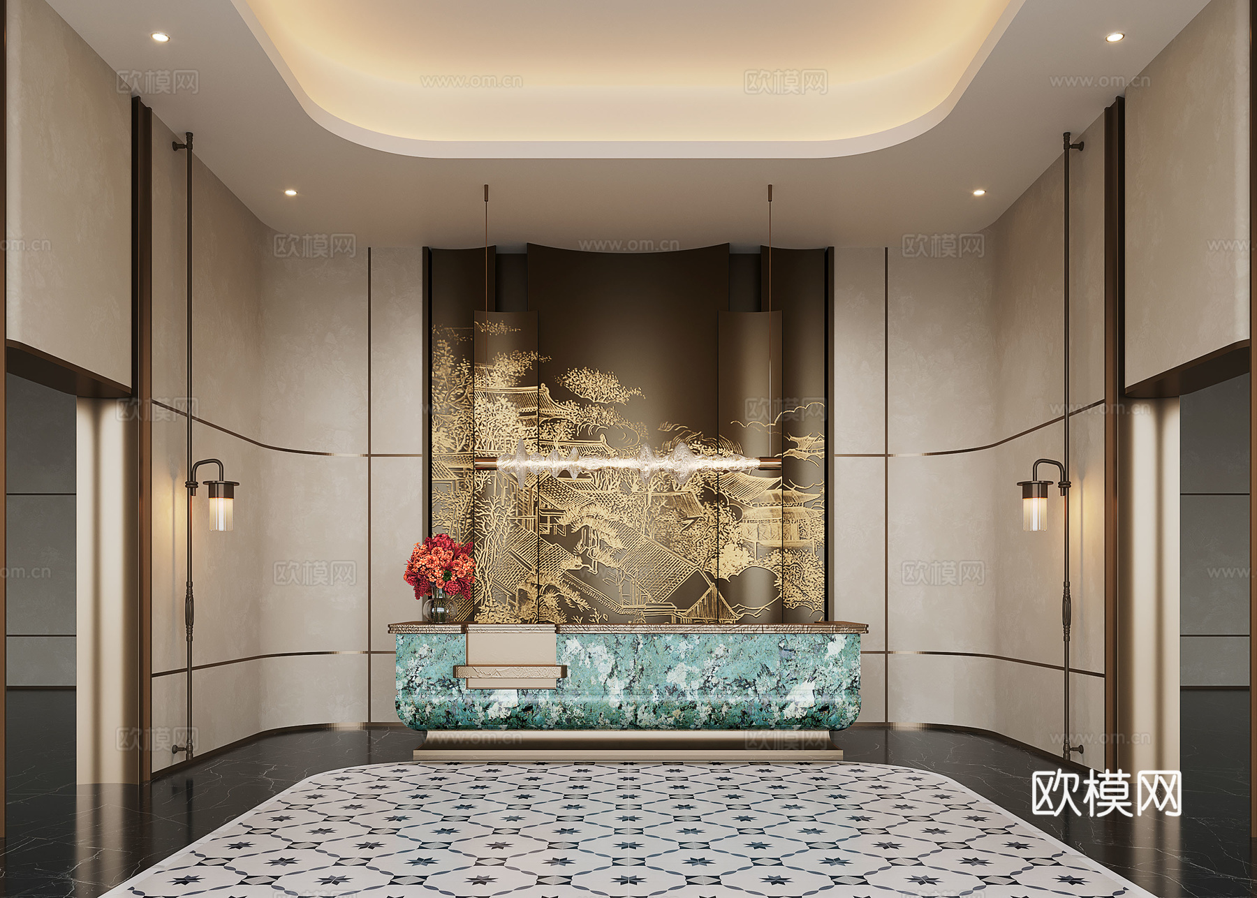现代大厅前台 接待台 金属背景墙 酒店大厅 会所大厅3d模型