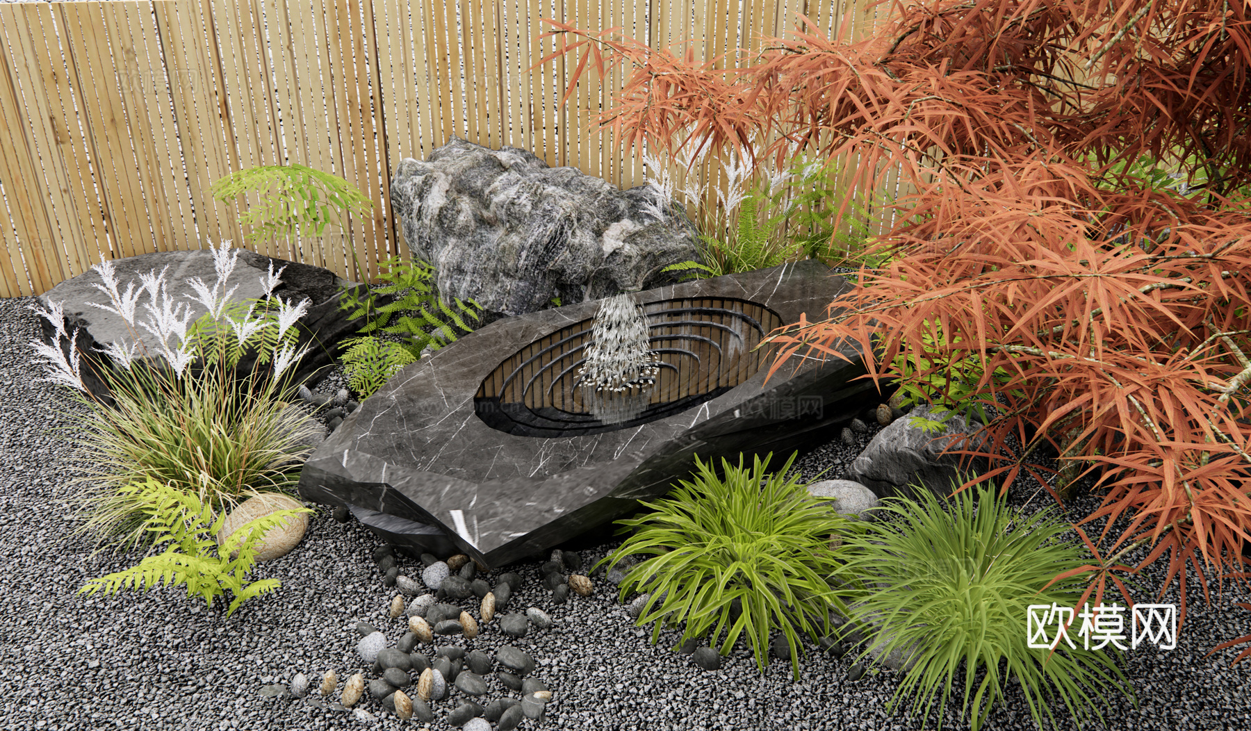 日式水景 水钵 流水摆件 石臼水景 景观石头 红枫 羽毛枫3d模型