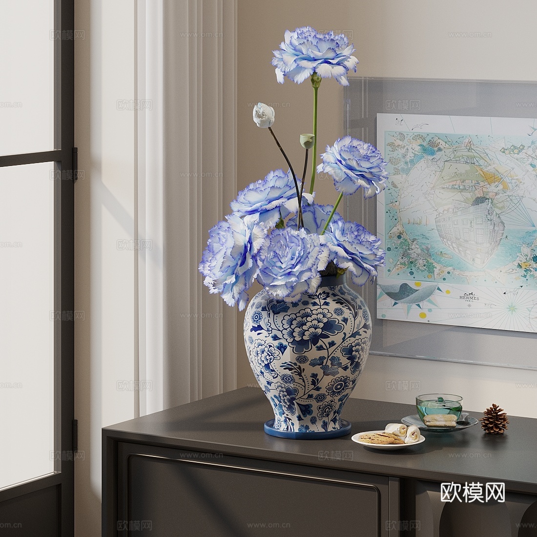 现代花艺 蓝色花艺花瓶 陶瓷花瓶 鲜花花艺 客厅花瓶摆件3d模型