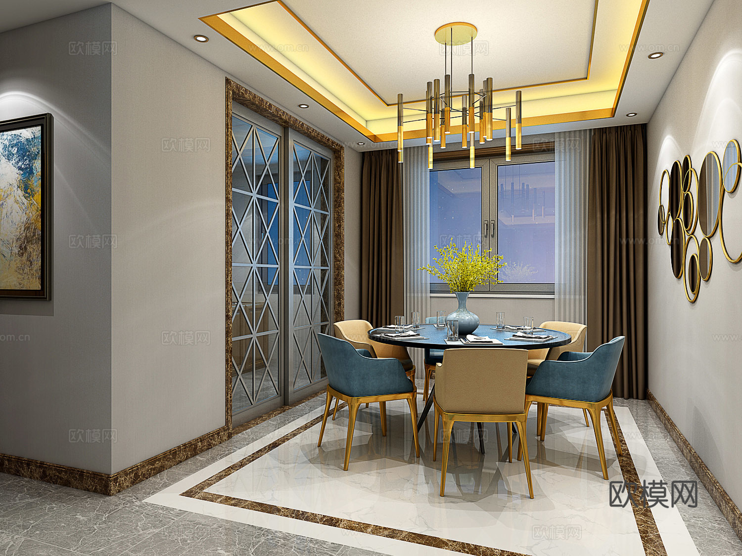 现代风格客厅 餐厅 沙发茶几 吊灯 沙发椅3d模型