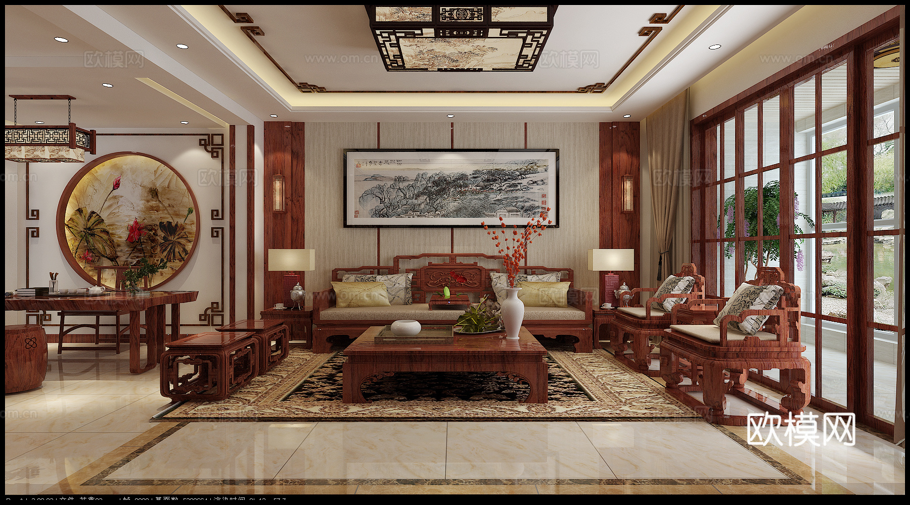 新中式客厅餐厅走廊 沙发 茶桌 餐桌挂画3d模型