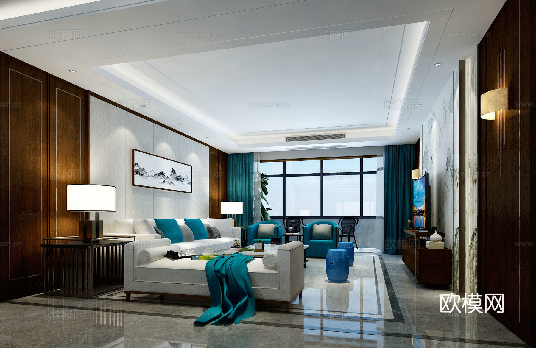 现代风格客厅餐厅 客餐厅 沙发茶几 餐桌椅 客厅 吊灯3d模型