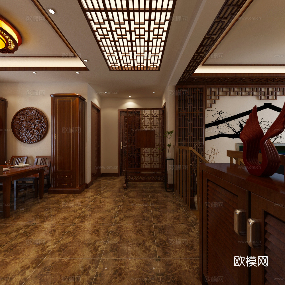 中式客厅餐厅 沙发茶几 吊灯3d模型