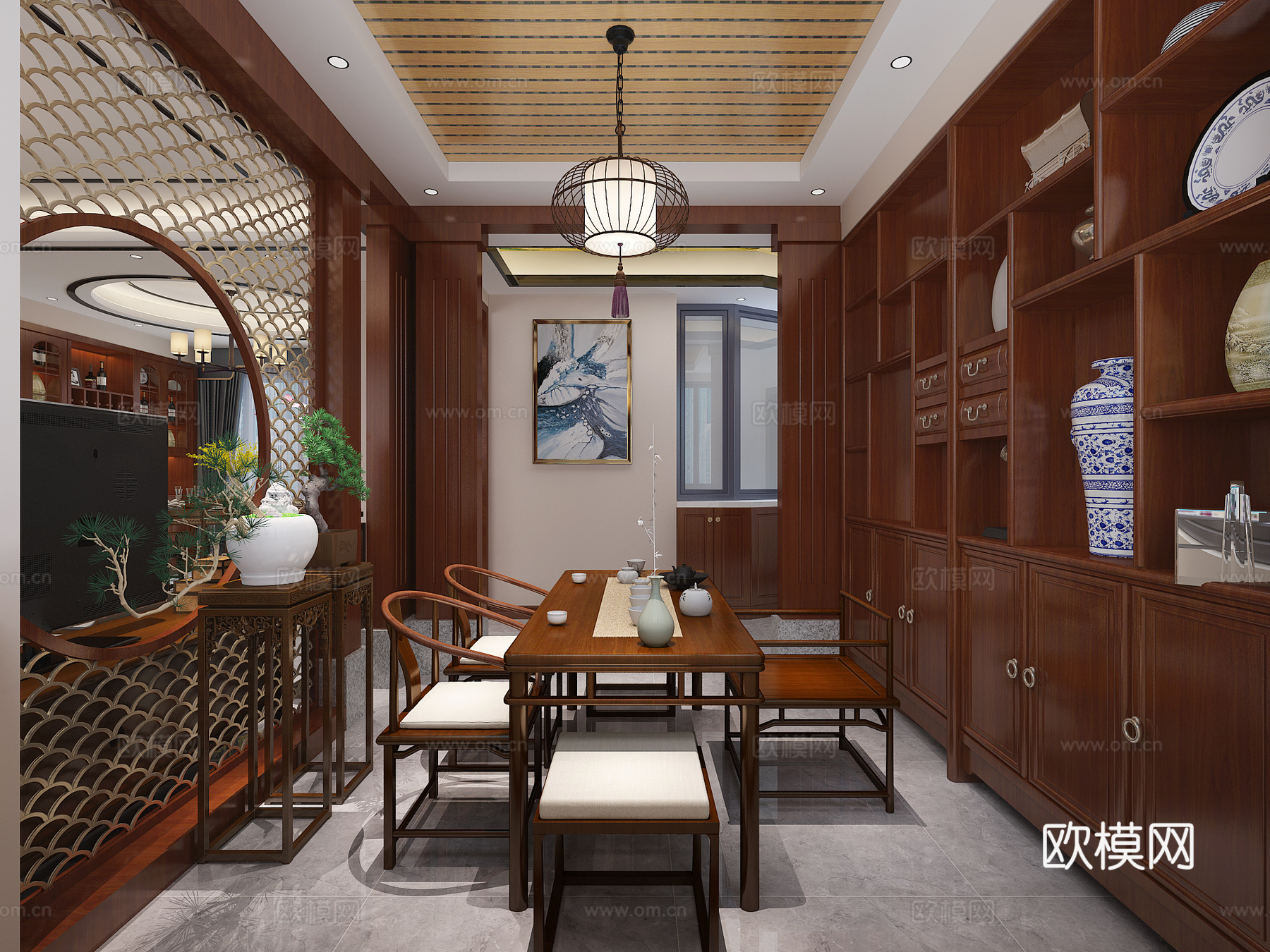 中式客餐厅 沙发茶几组合 电视柜组合 餐桌椅组合 吊灯3d模型