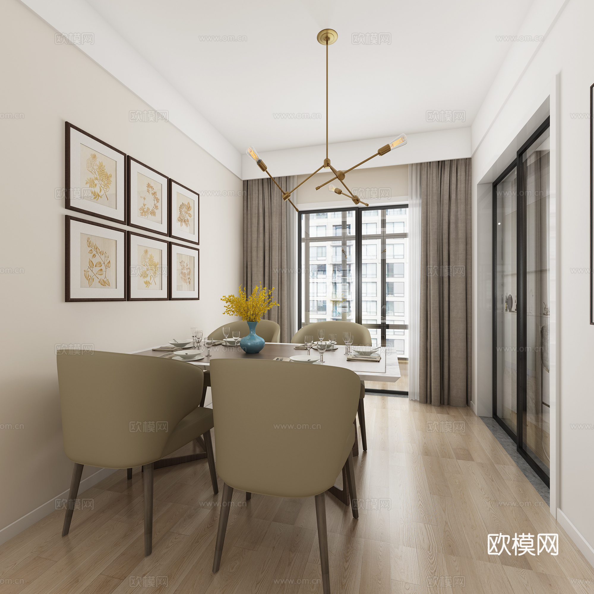 现代客厅餐厅 吊灯 多人沙发 单人沙发 茶几 装饰柜 挂3d模型