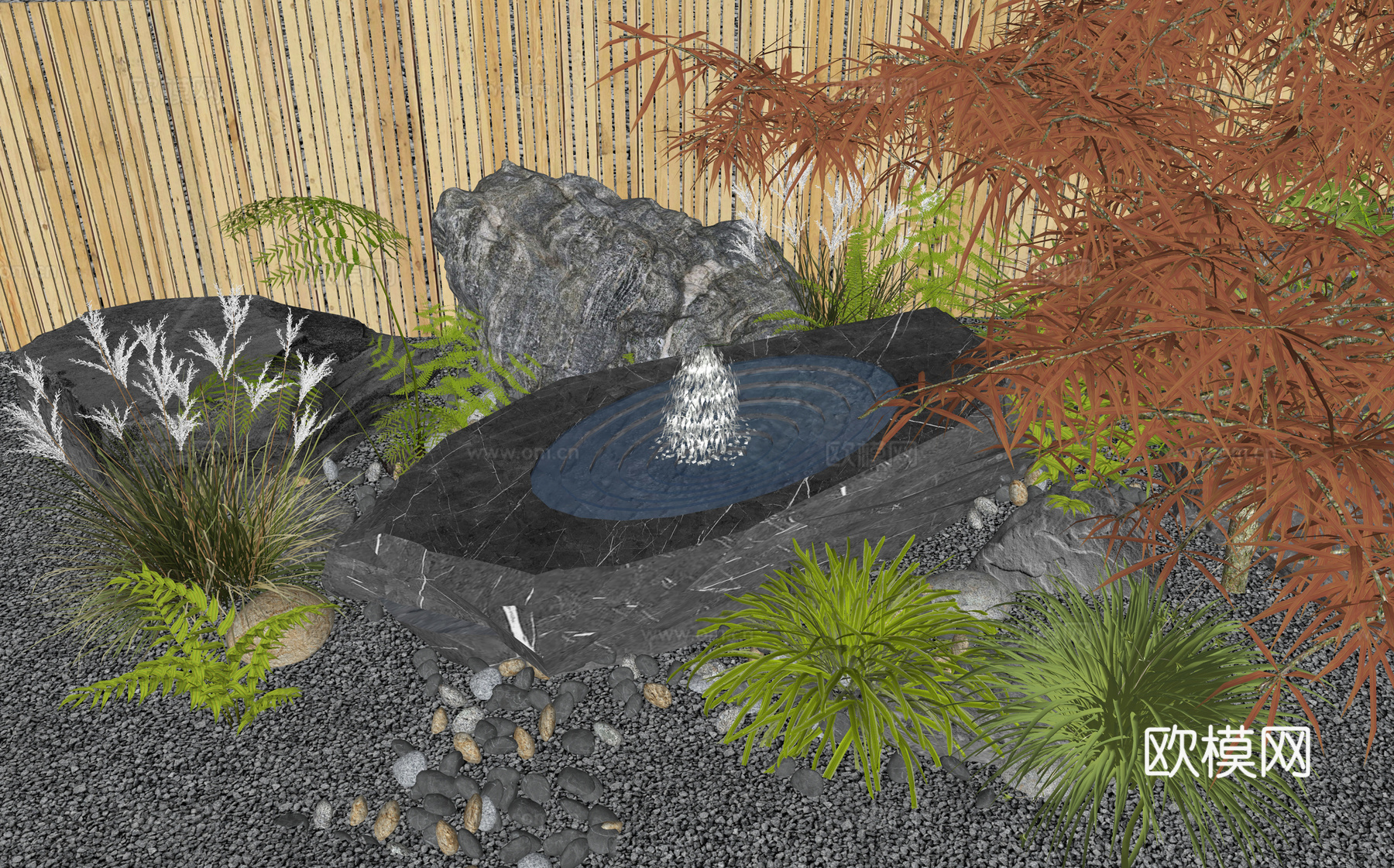 日式水景 水钵 流水摆件 石臼水景 景观石头 红枫 羽毛枫3d模型