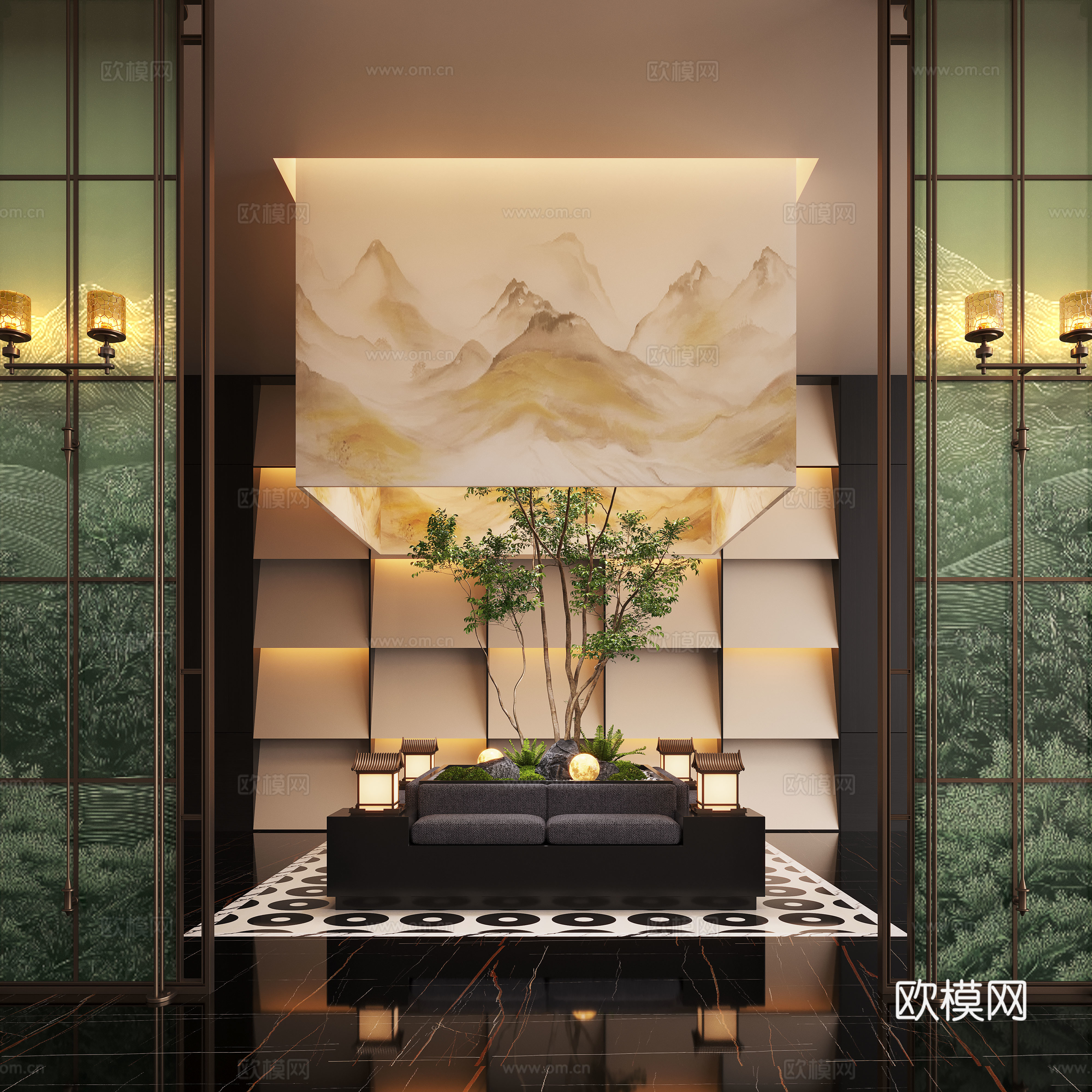 现代室内景观造景 苔藓景观 大厅景观造景 植物装置 屏风隔断3d模型