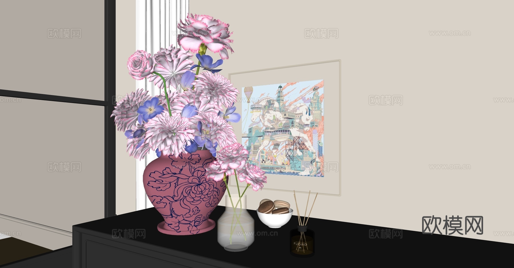 现代花艺 粉色花艺花瓶 陶瓷花瓶 鲜花花艺 客厅花瓶摆件su模型
