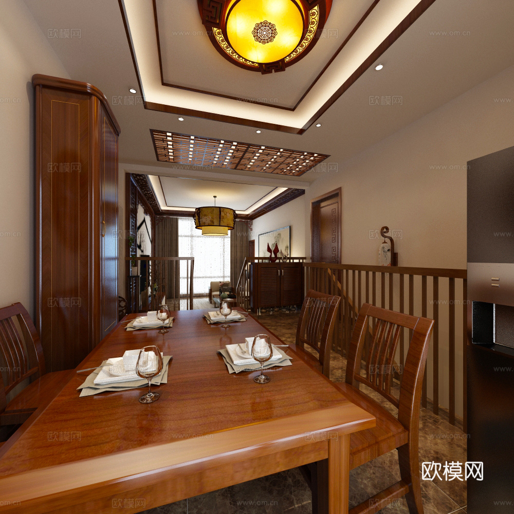 中式客厅餐厅 沙发茶几 吊灯3d模型