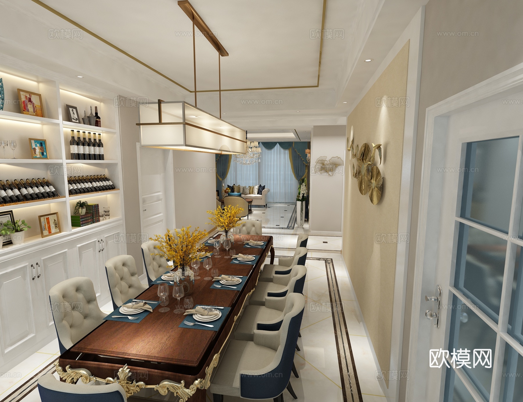 欧式客餐厅 水晶灯 吊灯 电视柜 沙发茶几 餐桌椅3d模型