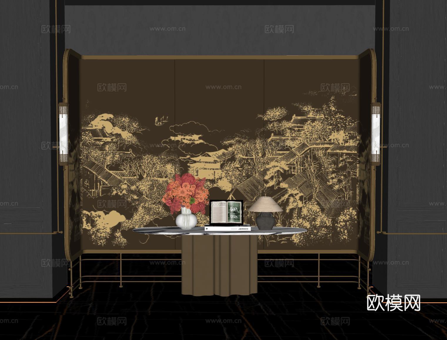 现代端景台 花艺盆栽 玄关台 花艺摆台 屏风隔断su模型