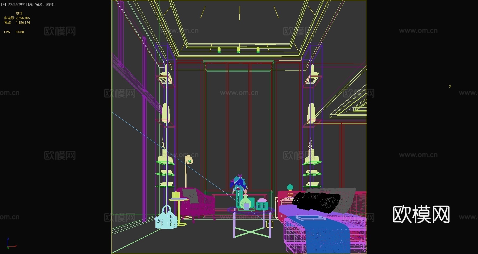 别墅新中式客厅沙发单人椅茶几电视背景墙饰花鸟3d模型