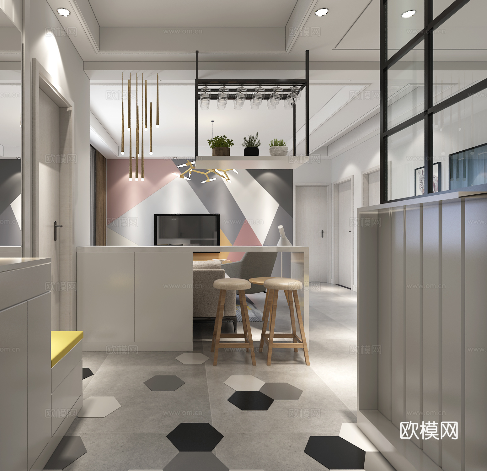 北欧客餐厅 门厅 鞋柜 沙发茶几 吊灯 橱柜 吧台吧椅3d模型