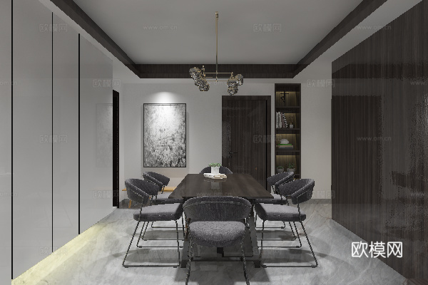 现代港式客餐厅 金属吊灯 皮质沙发 木饰面背景3d模型