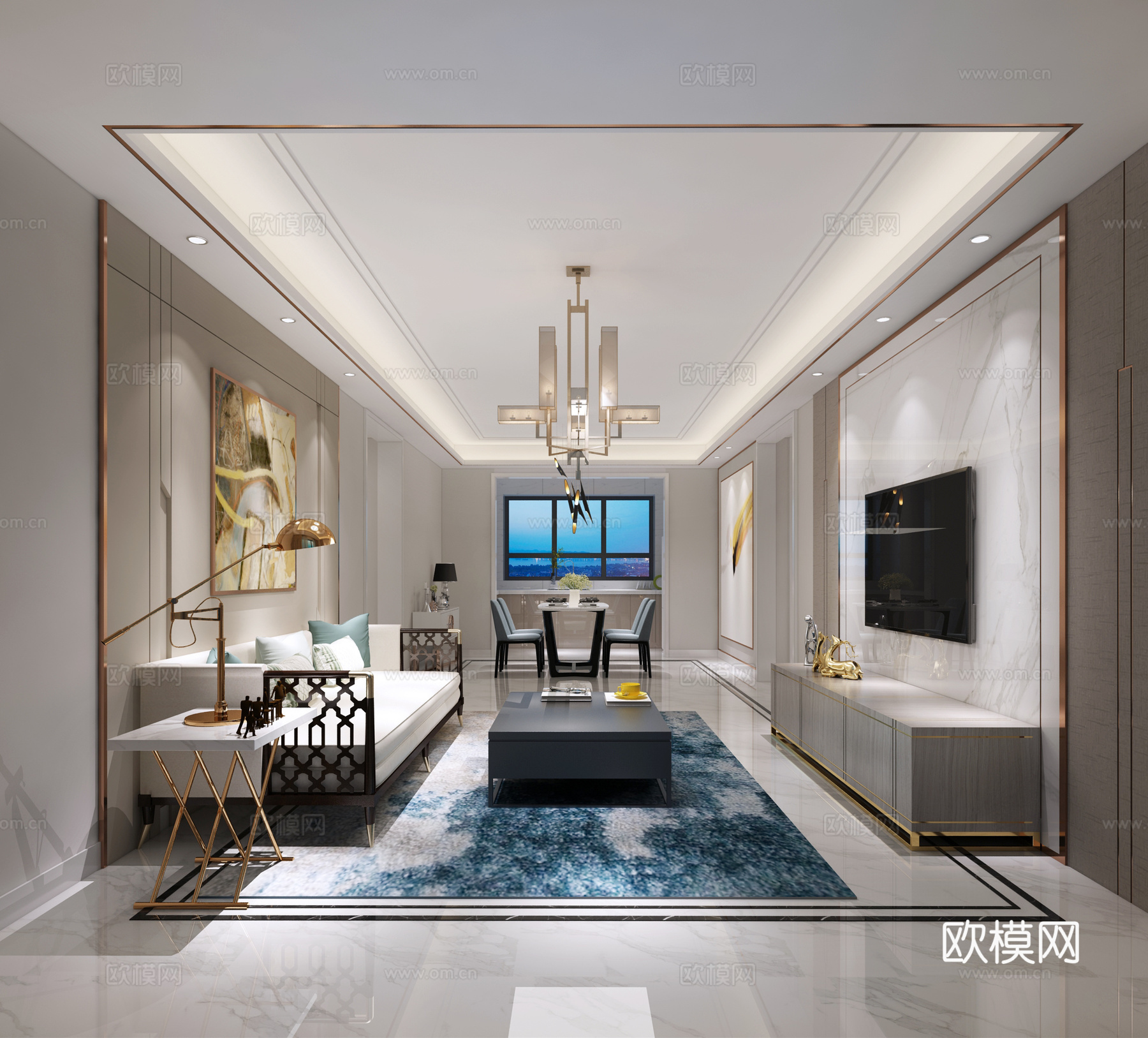新中式客厅 吊灯 沙发茶几3d模型