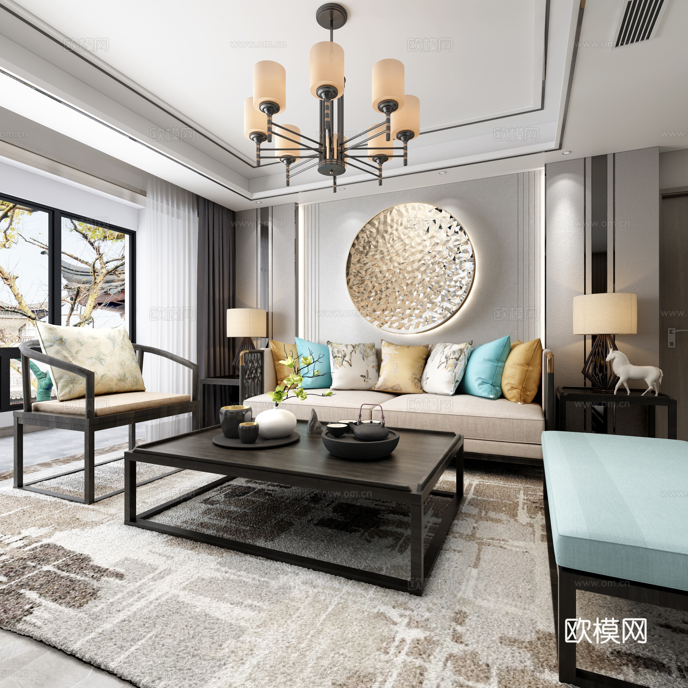 新中式客餐厅 沙发茶几 餐桌椅 挂画 物件摆件 吊灯 墙饰品3d模型