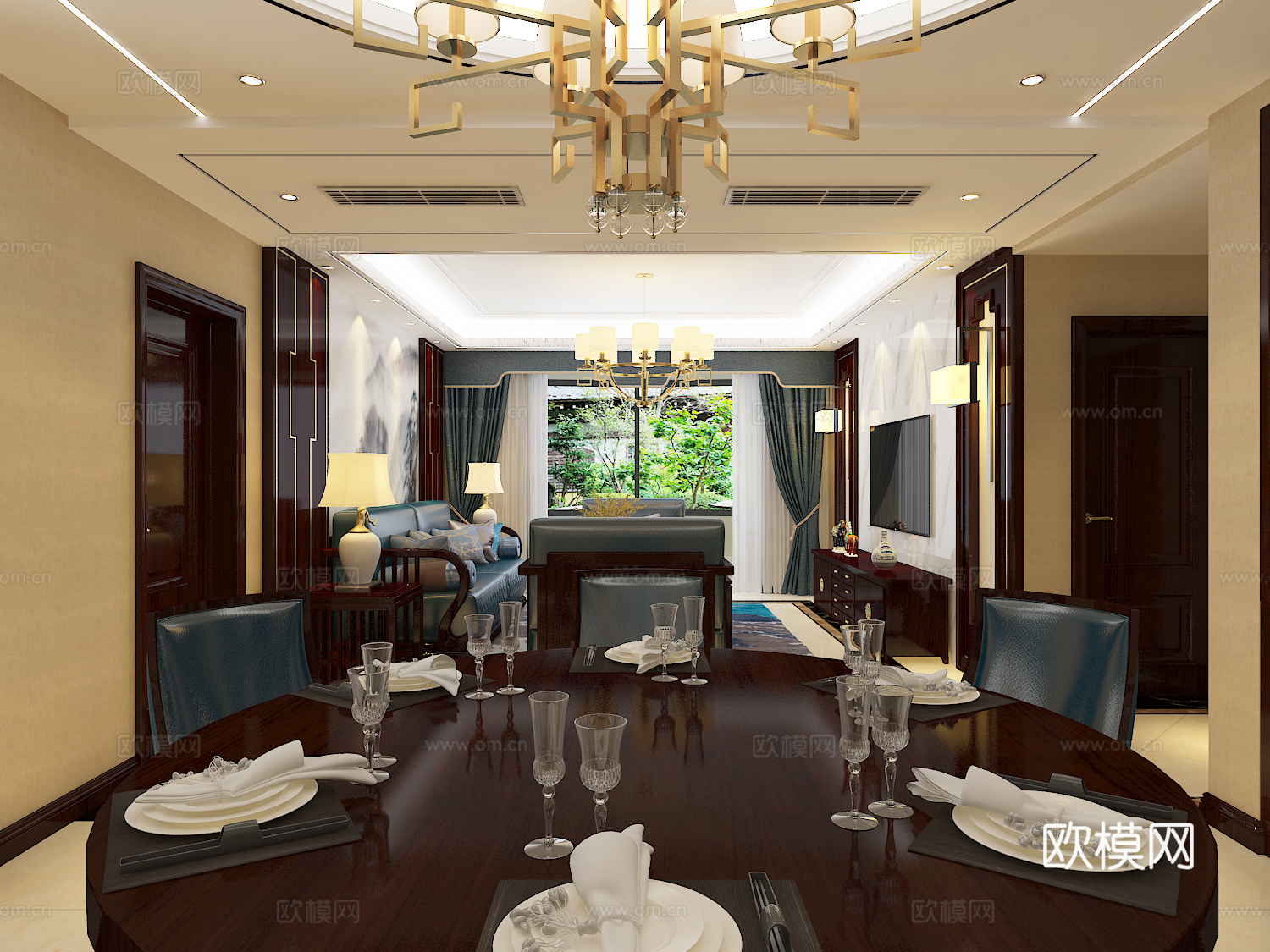 新中式客餐厅金属吊灯沙发餐桌3d模型