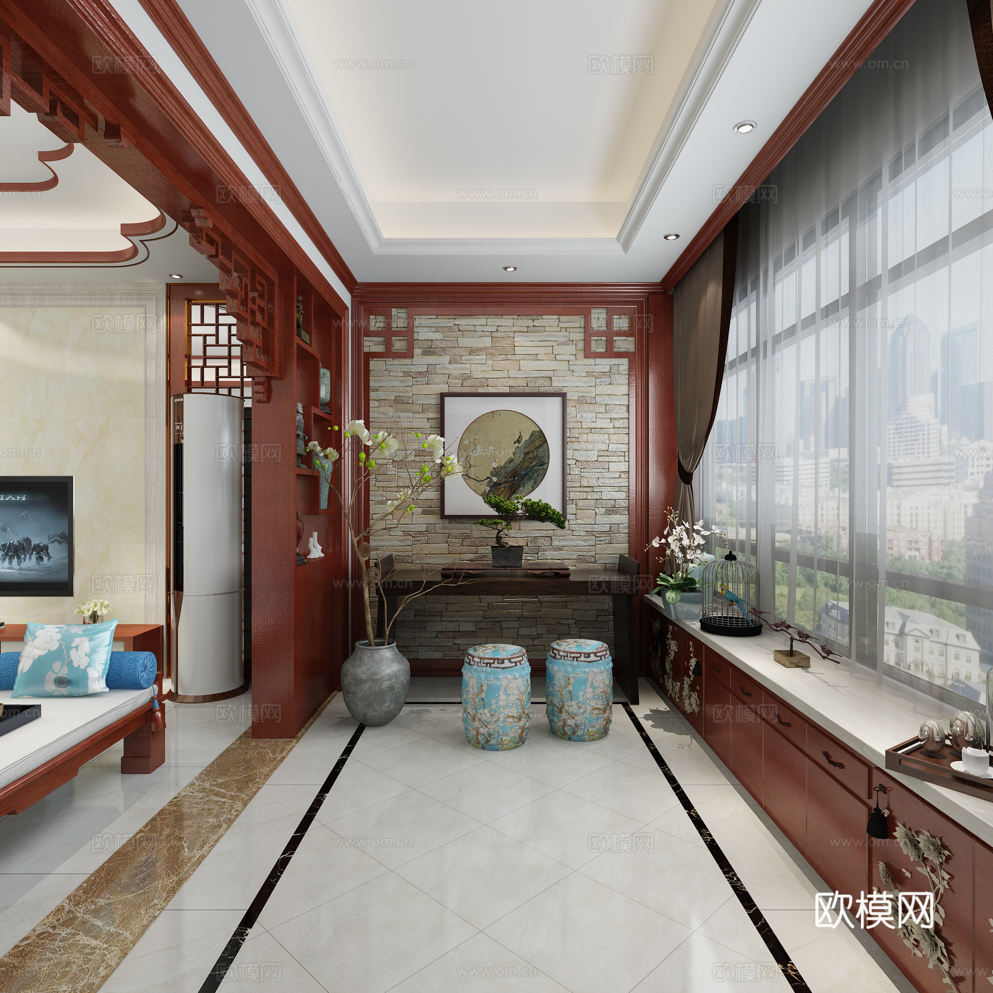 中式客餐厅 沙发茶几模型 餐桌椅组合3d模型